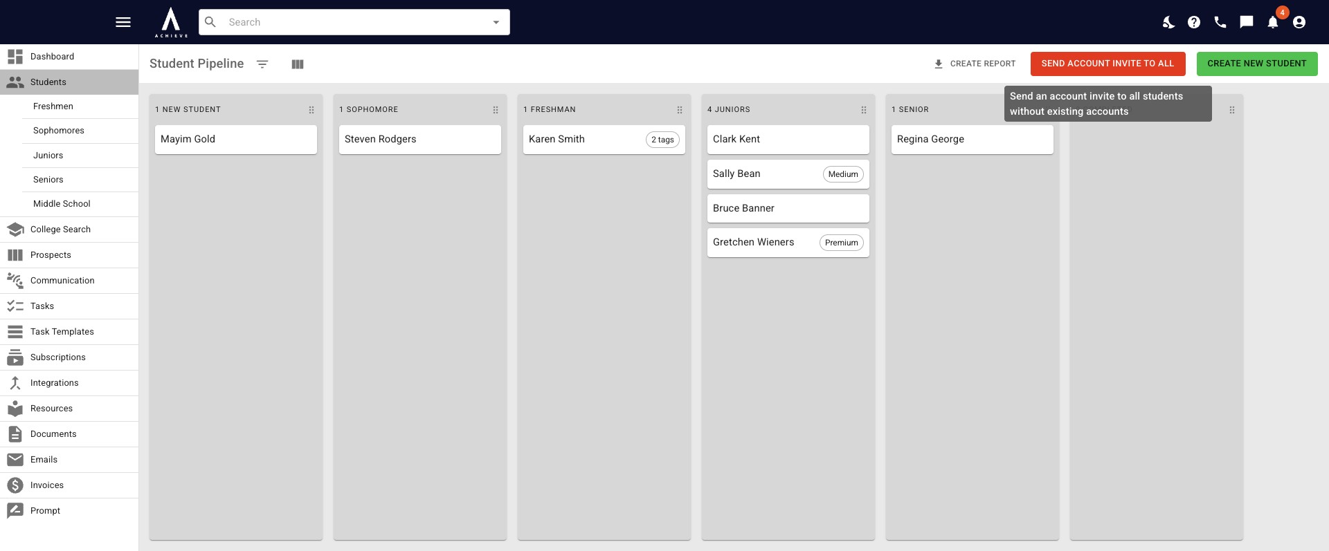 The **Send Account Invites to All** button will send Achieve account invites to students without an existing Achieve account. 