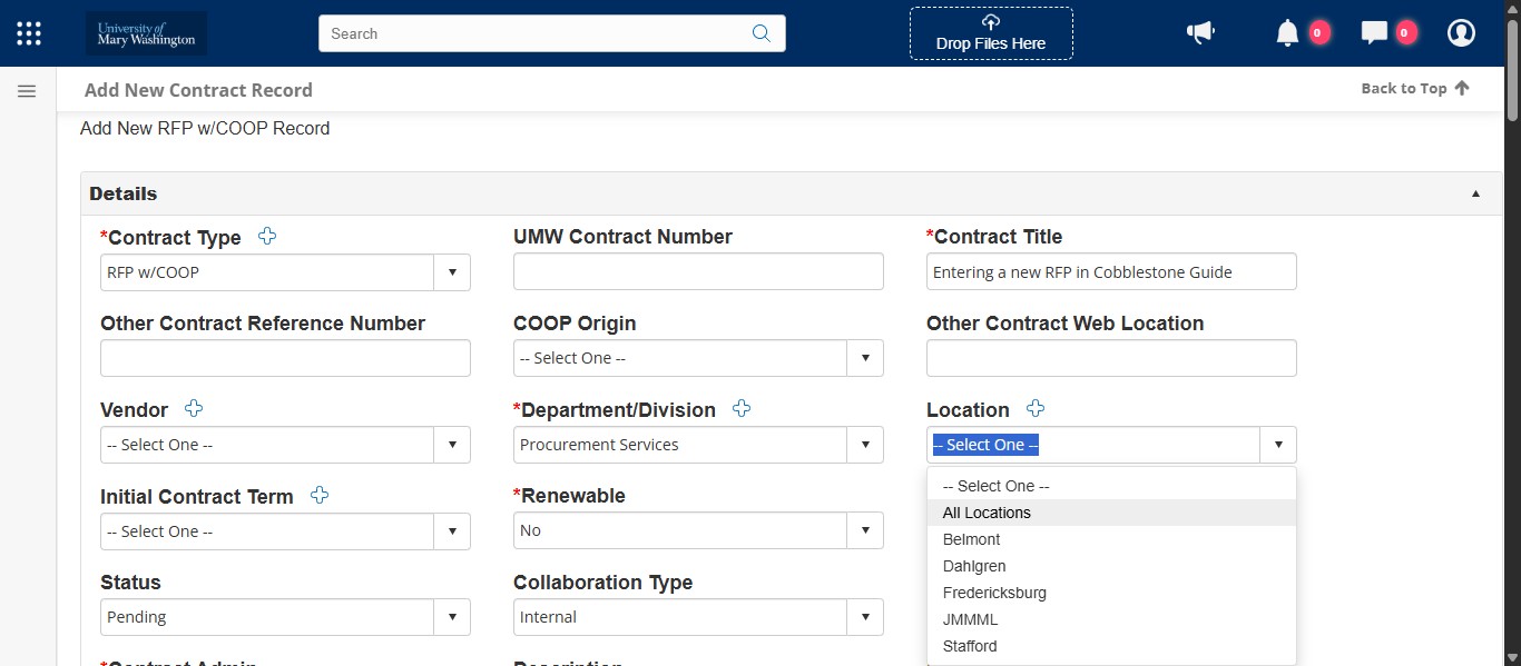 Select the most appropriate location where the RFP will provide goods or services. If you are unsure, just select All Locations.