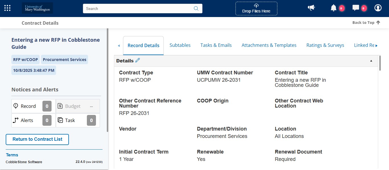 You are now done with this RFP contract record for now until the contract is awarded.