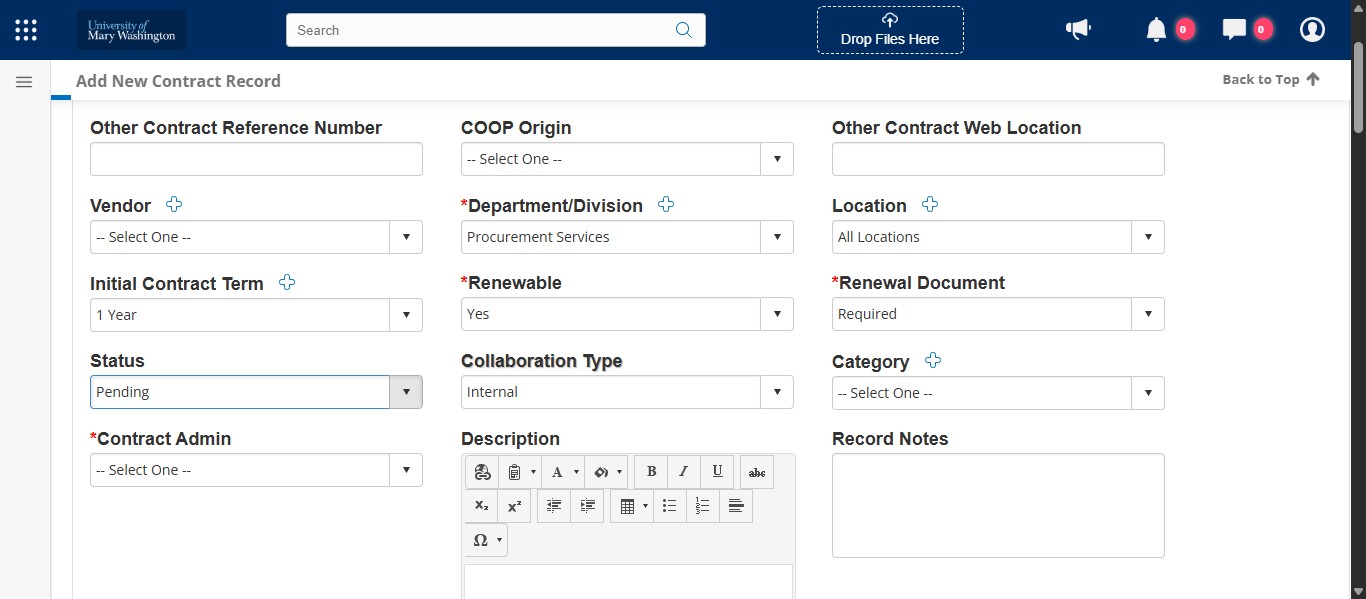 The contract is not awarded yet and is therefore not available for public view, so keep the Collaboration Type as Internal for now.