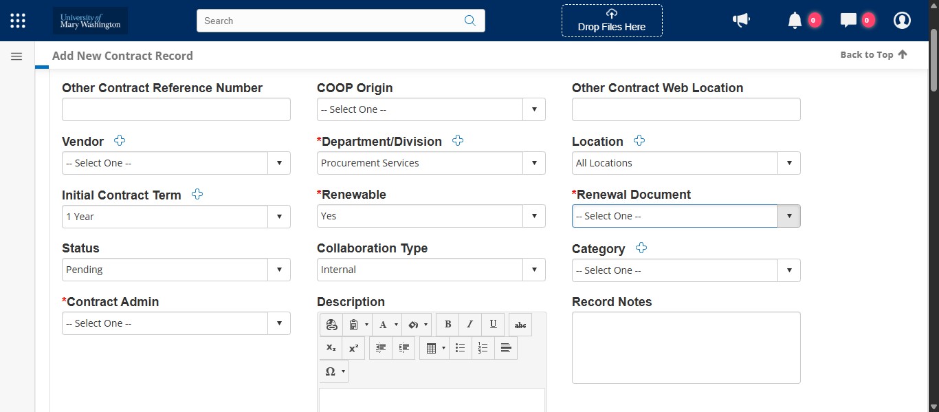 All UMW-initiated procurements require a renewal document to be sent out from Procurement to the vendor for signature, so with an RFP you will select Required from the drop down.