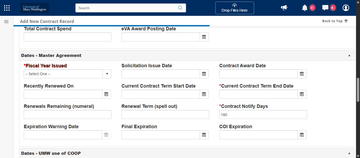 After completing the Contract Details section, scroll down to the Dates section. Select the Fiscal Year from the drop down in which the solicitation will be issued. 