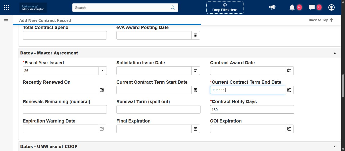 Leave Contract Notify Days as 180 for now. You will change this later depending on the complexity of your RFP and the negotiated renewal language.