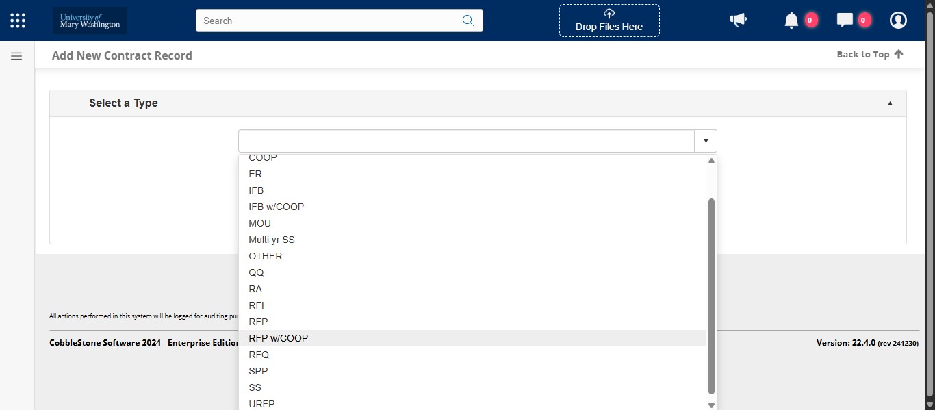 Select the type of contract from the drop down. For this example, we will be creating an RFP that contains a cooperative clause. Click on "RFP w/COOP"