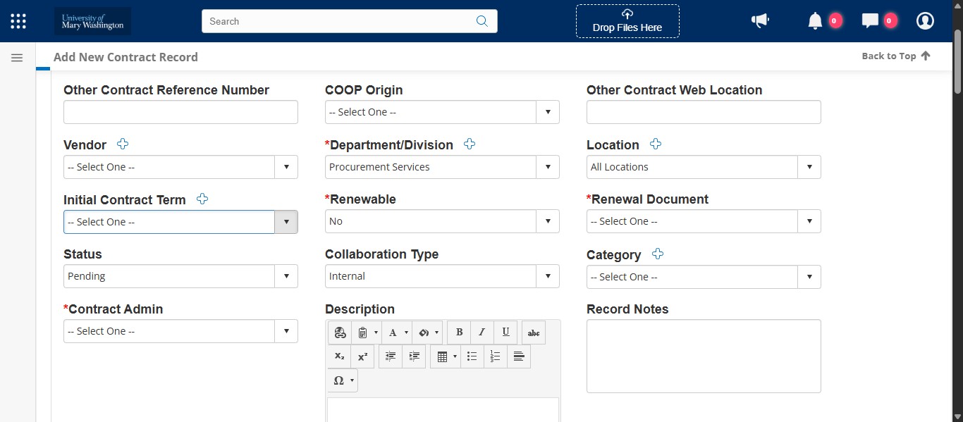 Select the anticipated Initial Contract Term from the drop down. If you negotiate something different with the awarded vendor, you can change this later. 