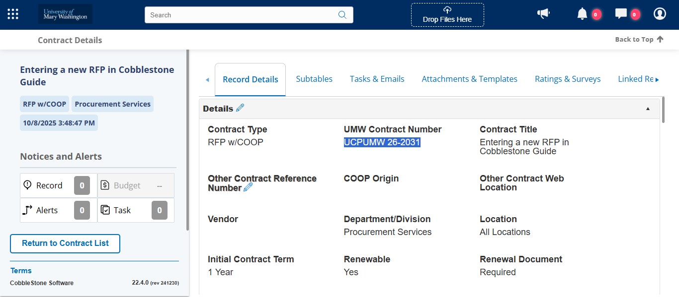 You should enter the RFP # in the Other Contract Reference Number field based on the Contract Number. For this case, we would enter RFP 26-2031.