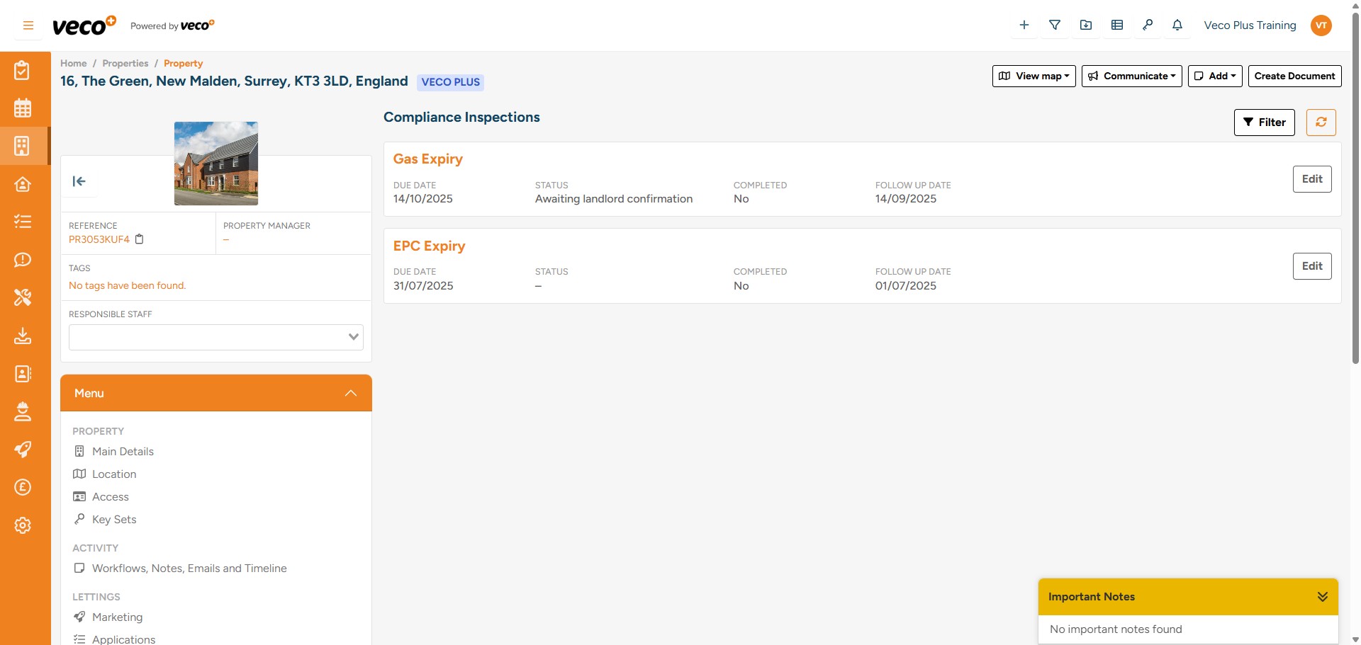 To access previous compliance inspections on the property record, select ‘Compliance inspections’ on the left side 'Menu'
