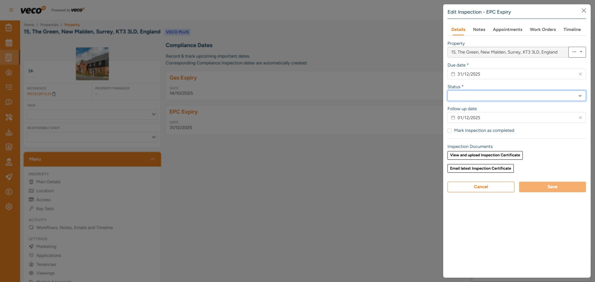 This window allows you to add Notes, Appointments and Works Orders relevant to the certificate. You can also give the inspection a status which can be managed by a 'View'