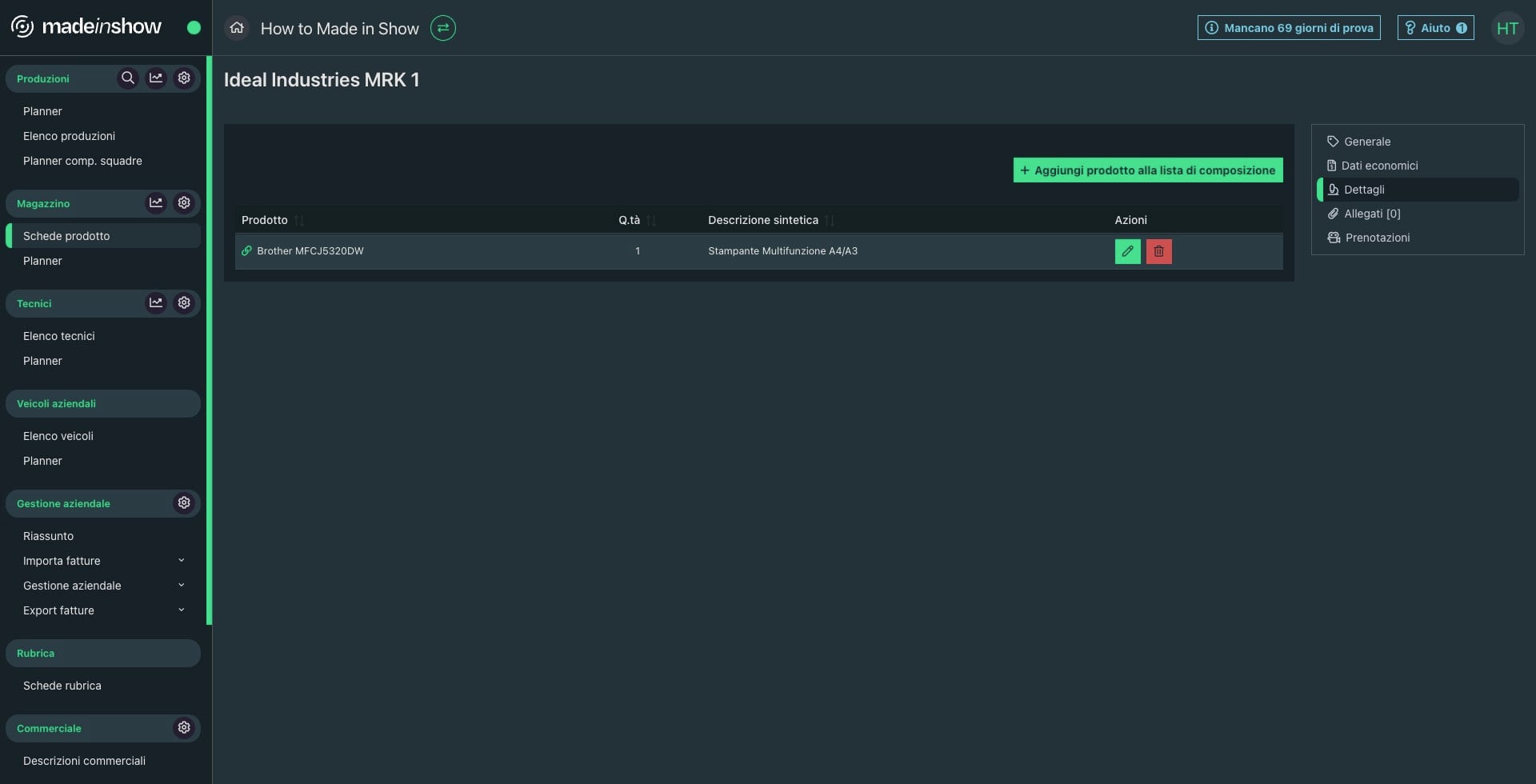 Visualizzazione inserimento scheda prodotto nella lista di composizione di una scheda prodotto virtuale