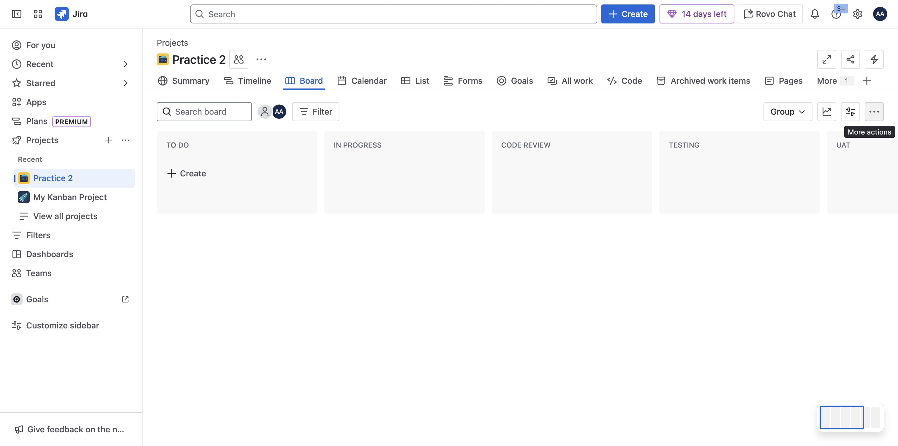To Configure Board with Custom Fields, select More actions at top right above status lanes