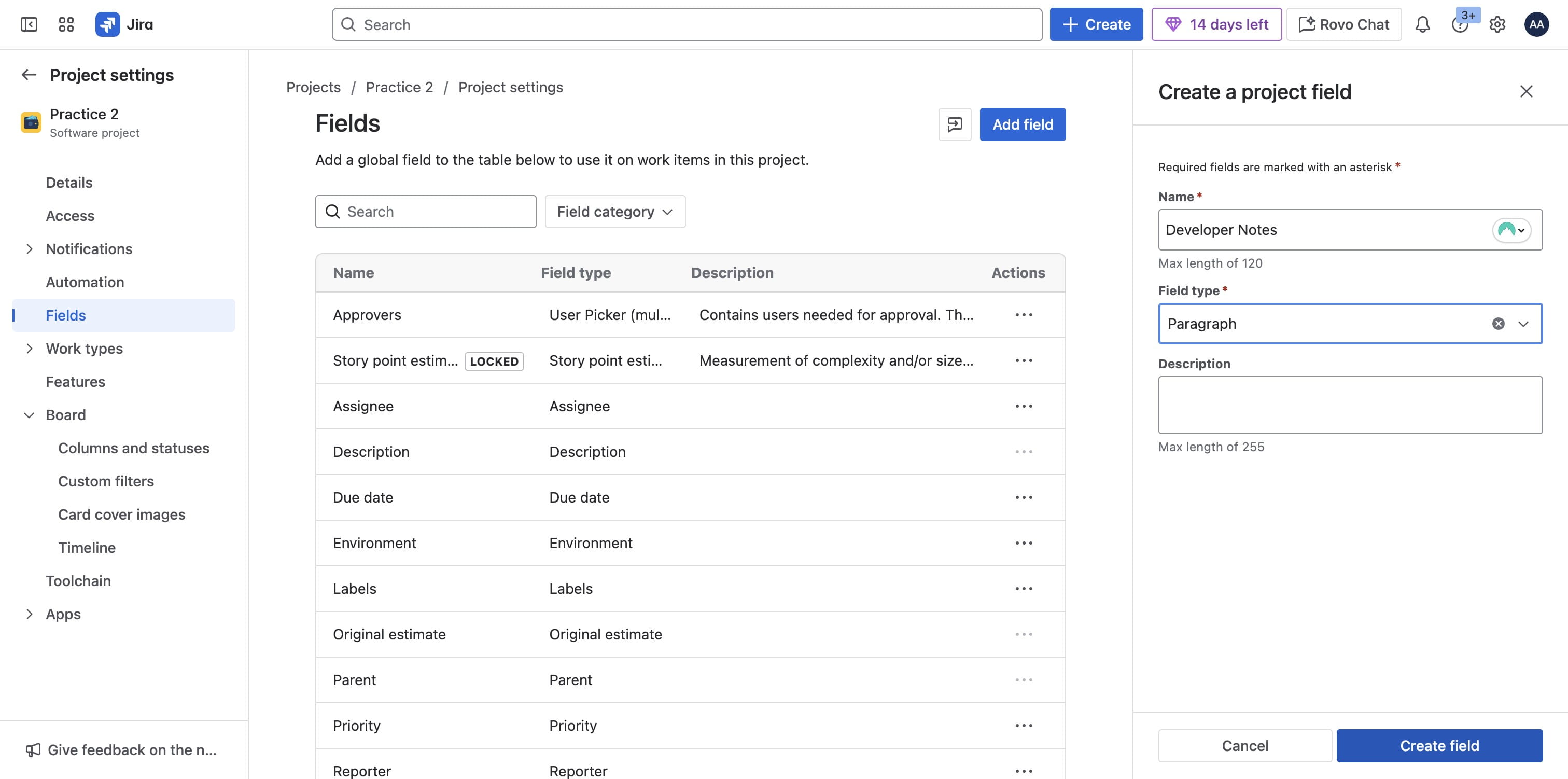 Click on "Create field"