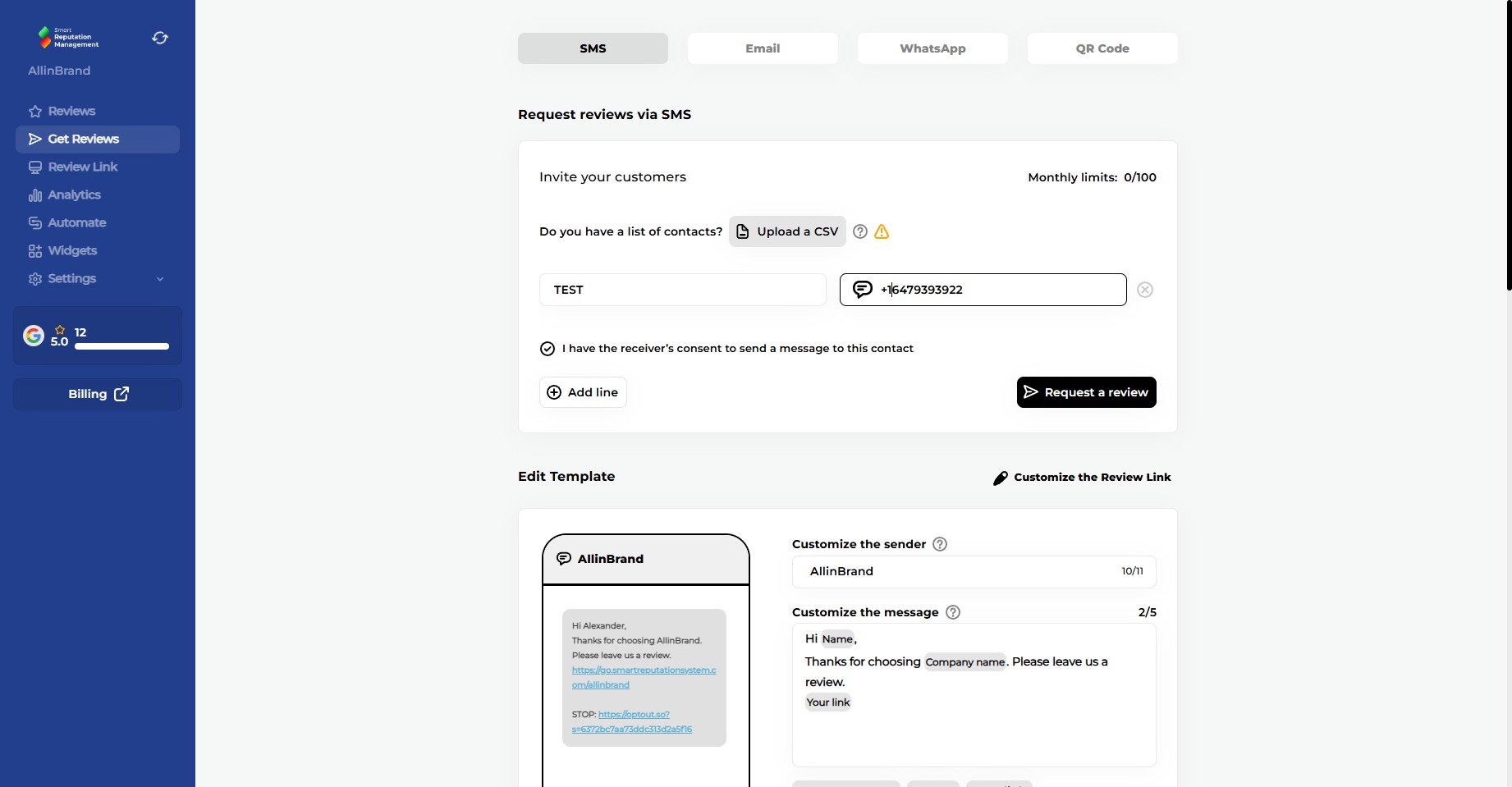 Click here to confirm that you have the customer's consent to send SMS communications