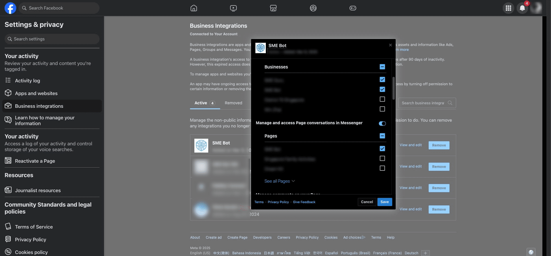 In the pop-up, scroll through and ensure all relevant options for the page you intend to connect are selected. Then click "Save".