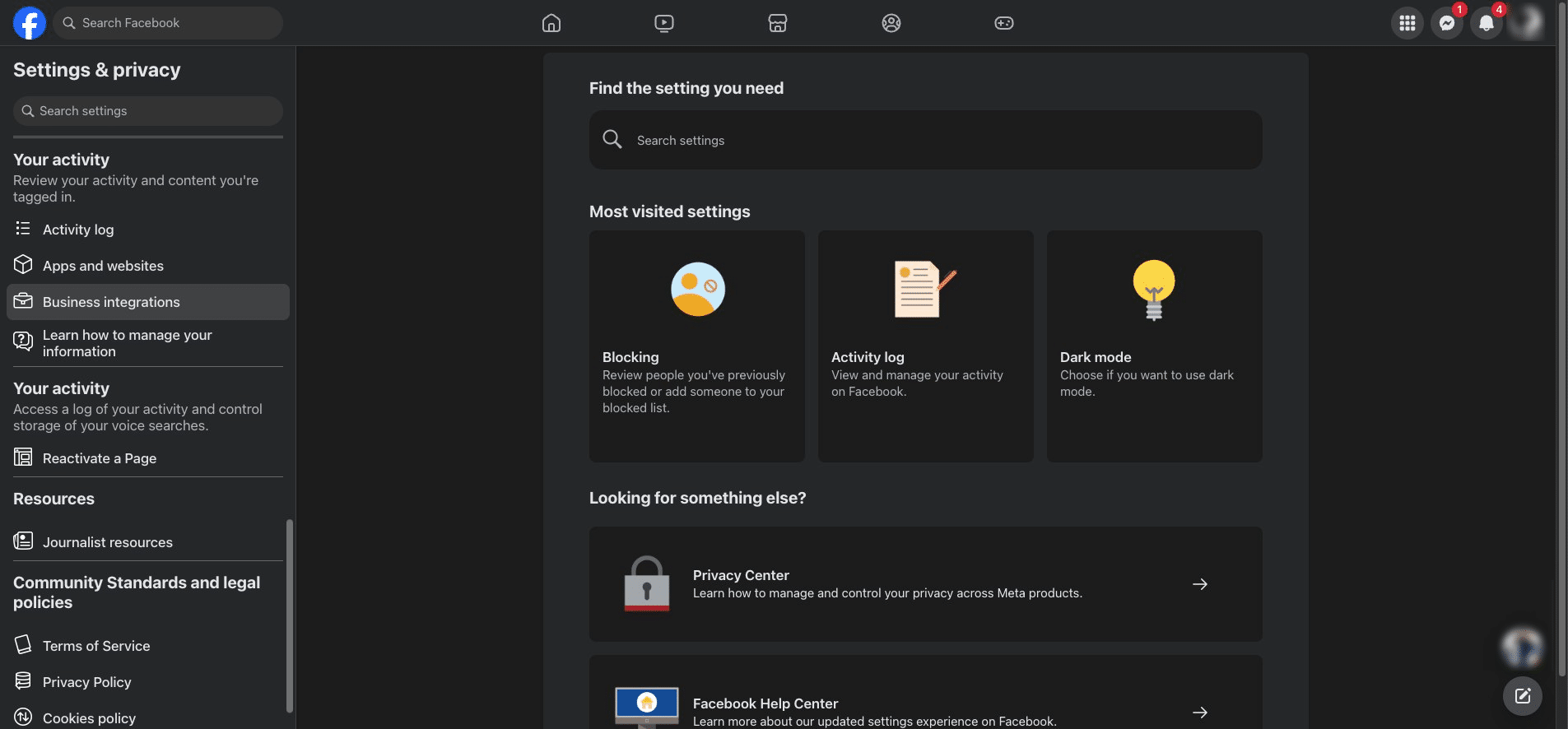 Scroll down in the left navigation menu. Click "Business integrations"