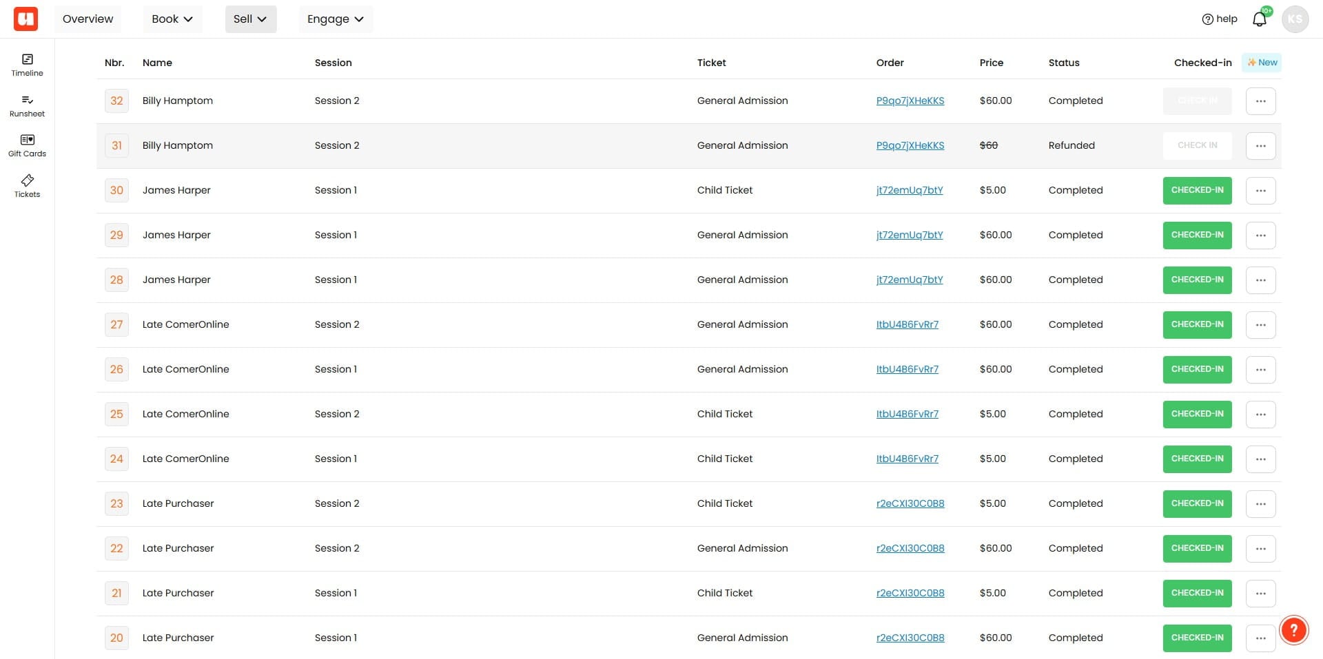 Tickets returned to inventory will be flagged with a strikethrough and 'refunded' status against the ticket. 