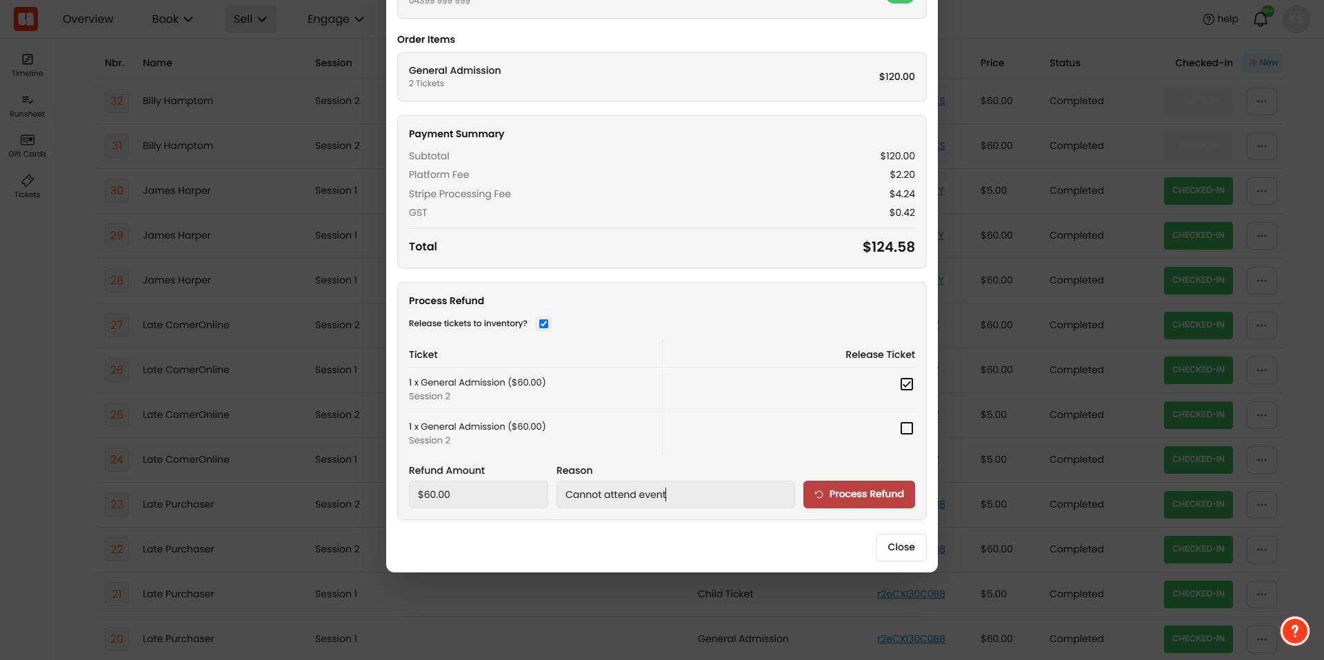 **Enter Refund Amount**
- For a full refund, enter the total amount shown in the "Total" column.
- For a partial refund, enter the specific amount you wish to refund.
**Next, Click the Refund Button**
