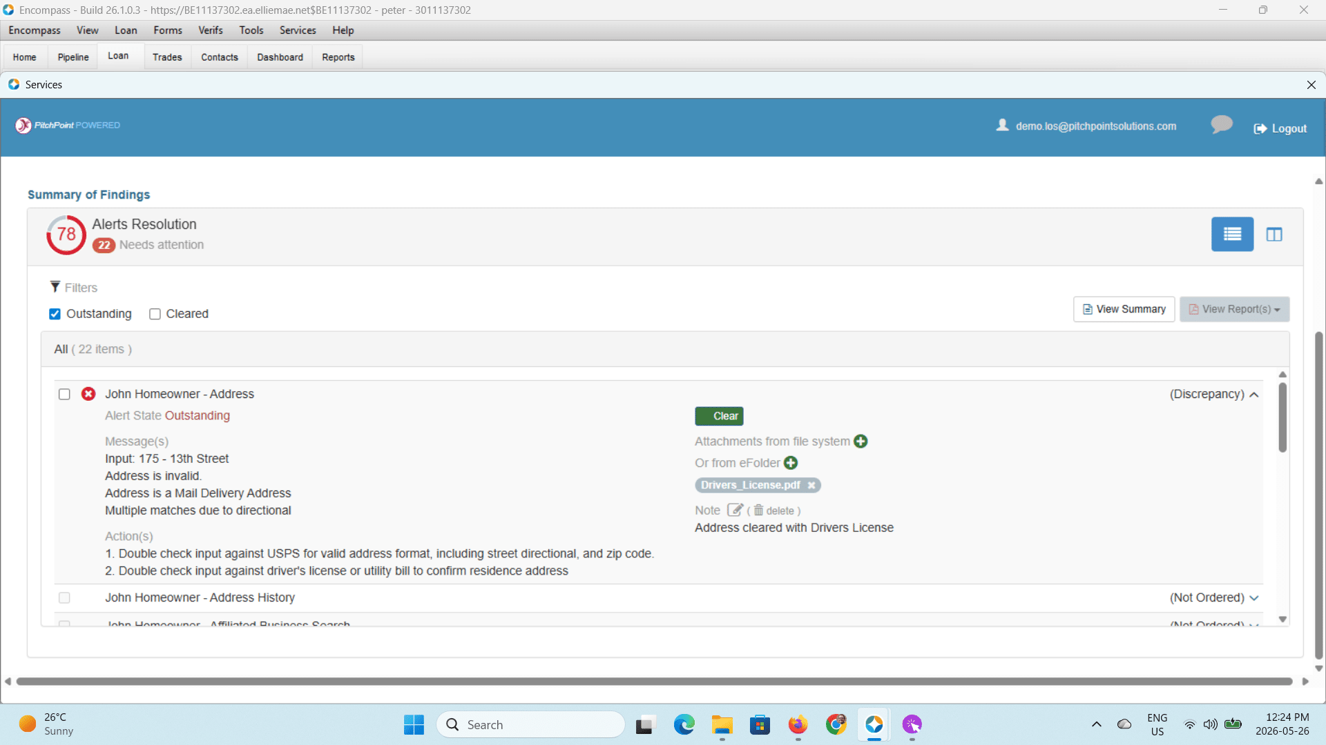 When you are finished click on <**Clear**> to close the derogatory finding.