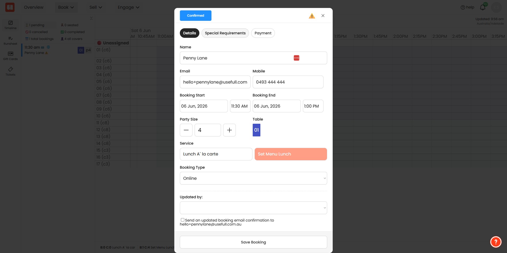 Navigate to the **Special Requirements** tab within the booking editing window.
