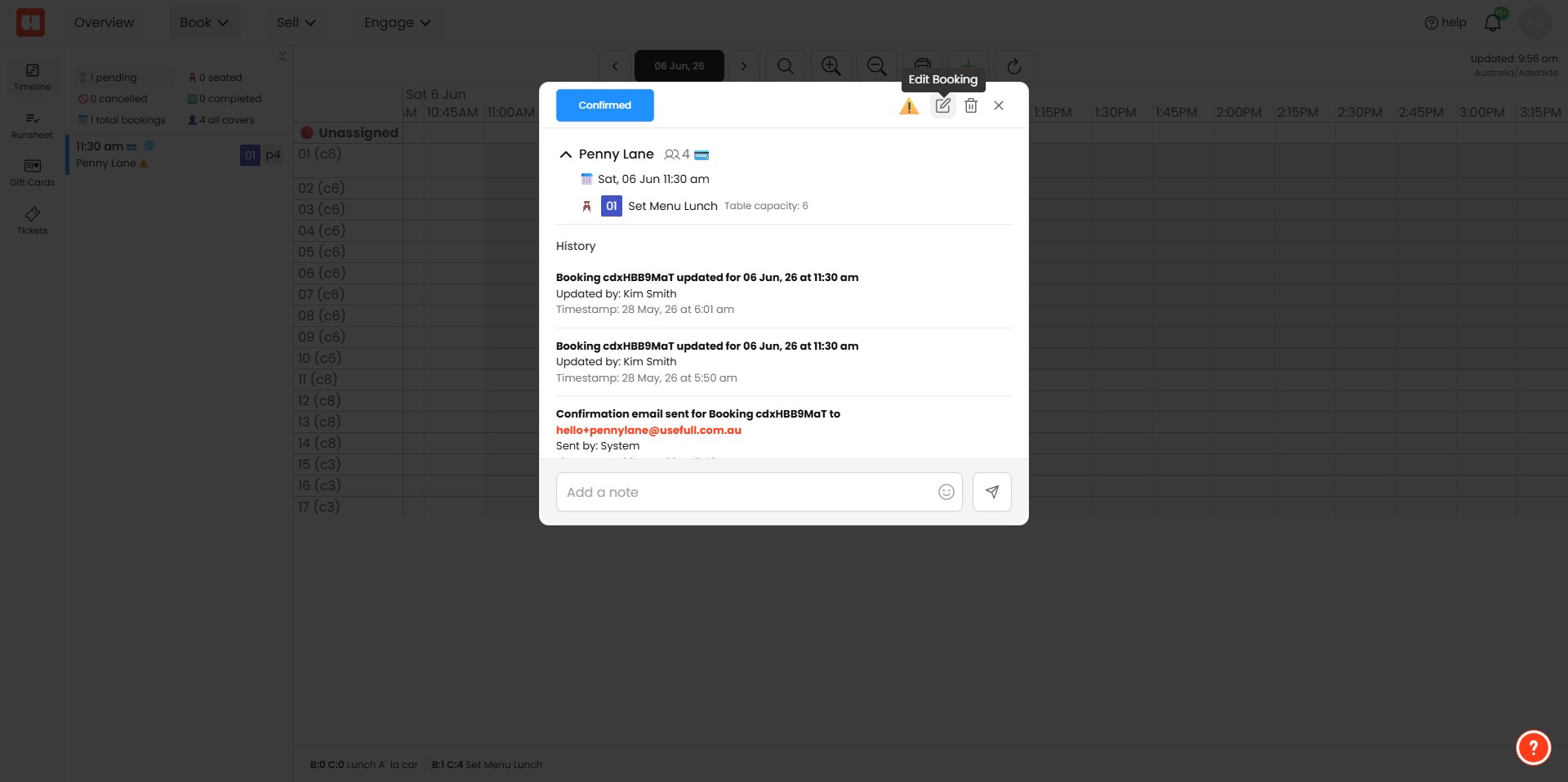 **Click Edit** Find and click the **Edit** icon to make changes to the booking details.