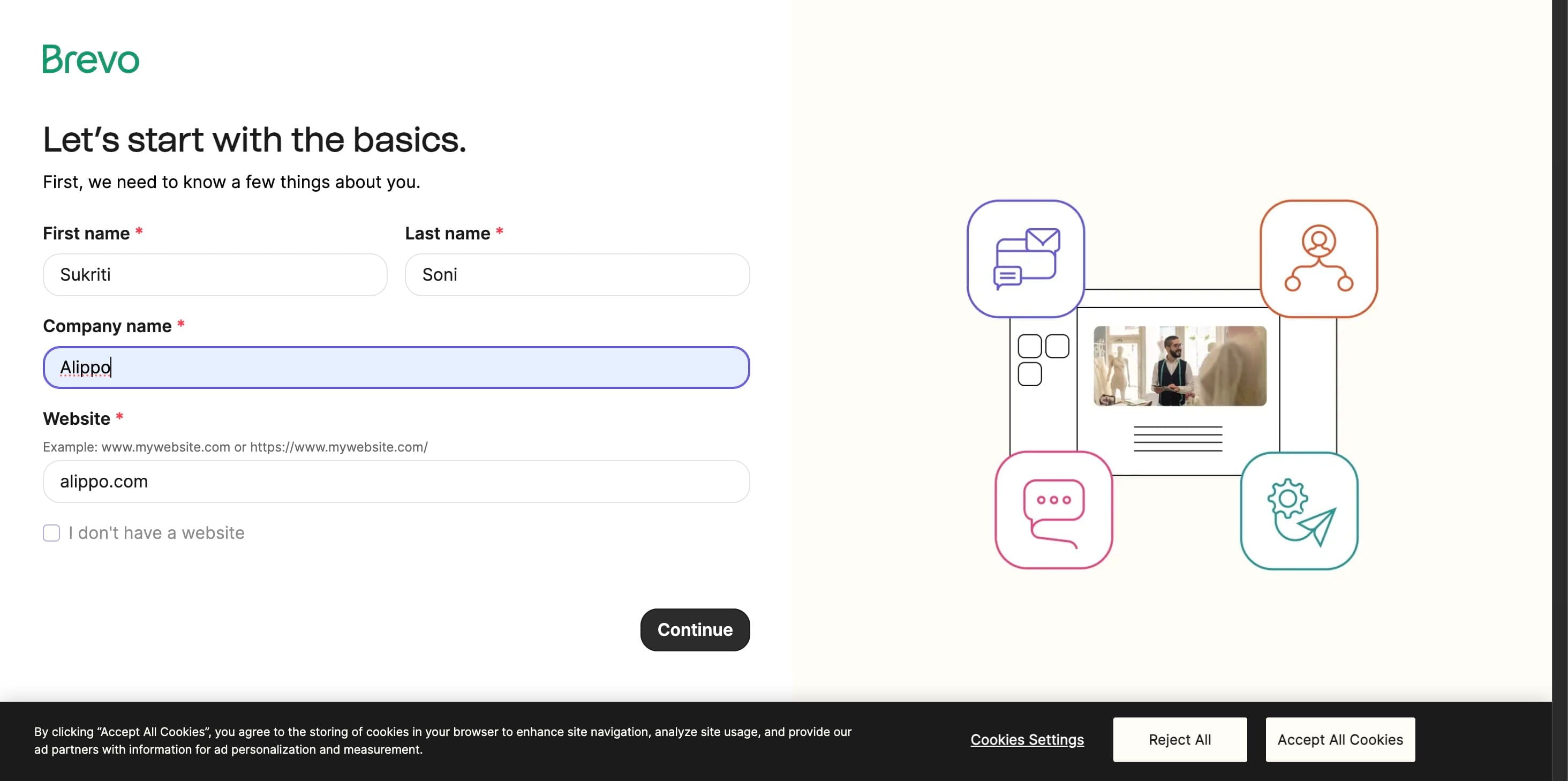 Next, enter your name and company information, then click "Continue".