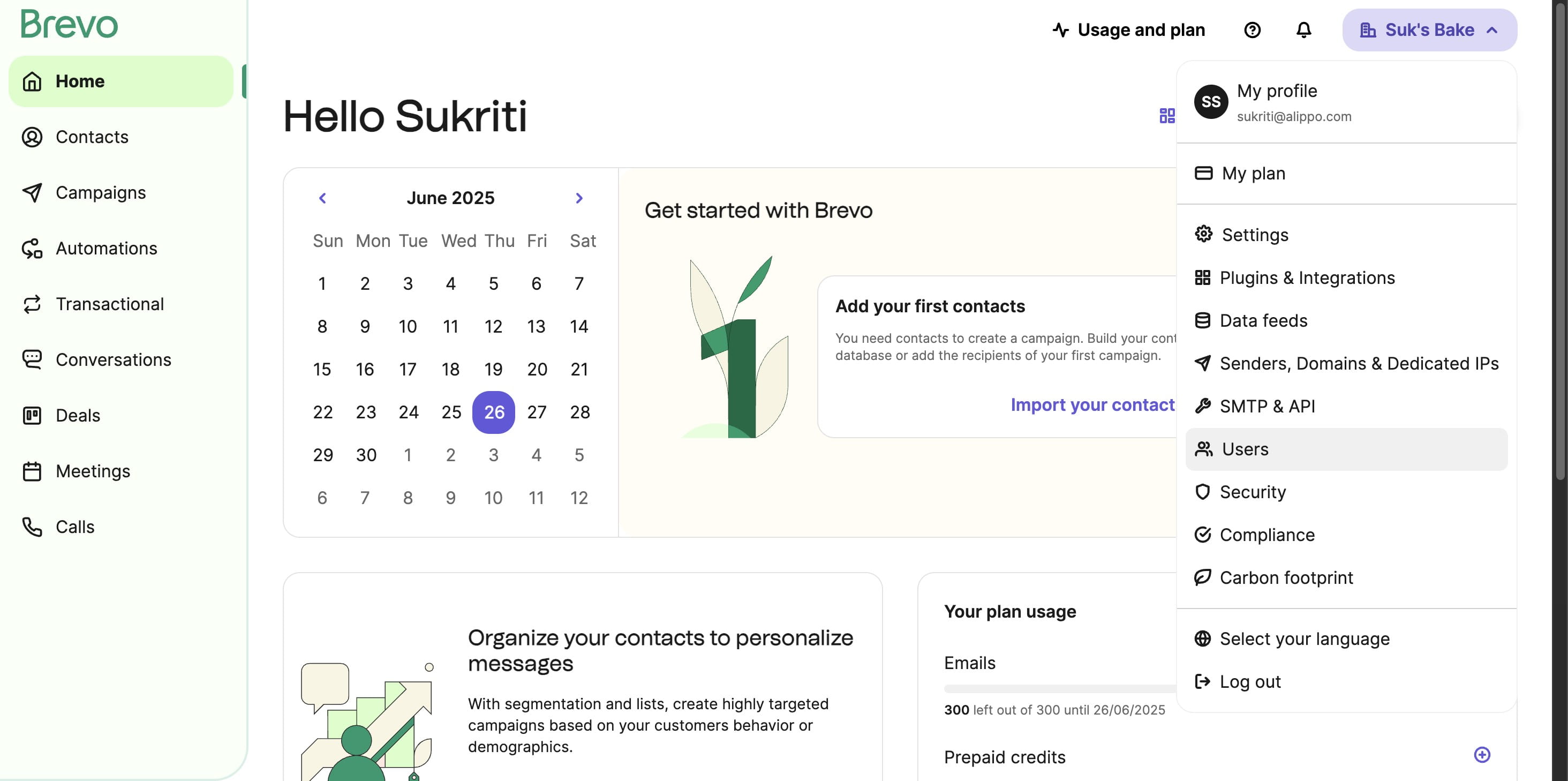 In the Brevo dashboard, click the **Users icon** in the top-right corner.