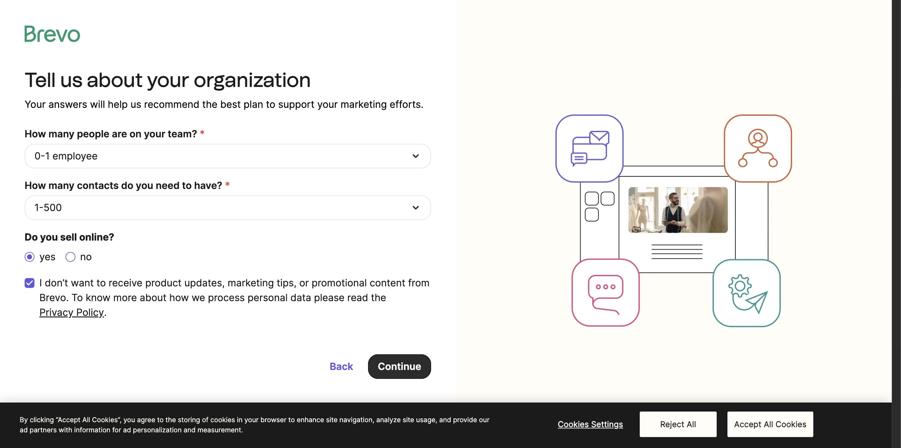 Provide detailed information about your organization. Include information about **your team, contact details, and business model**. Once you have completed these details, press '**Continue**'.