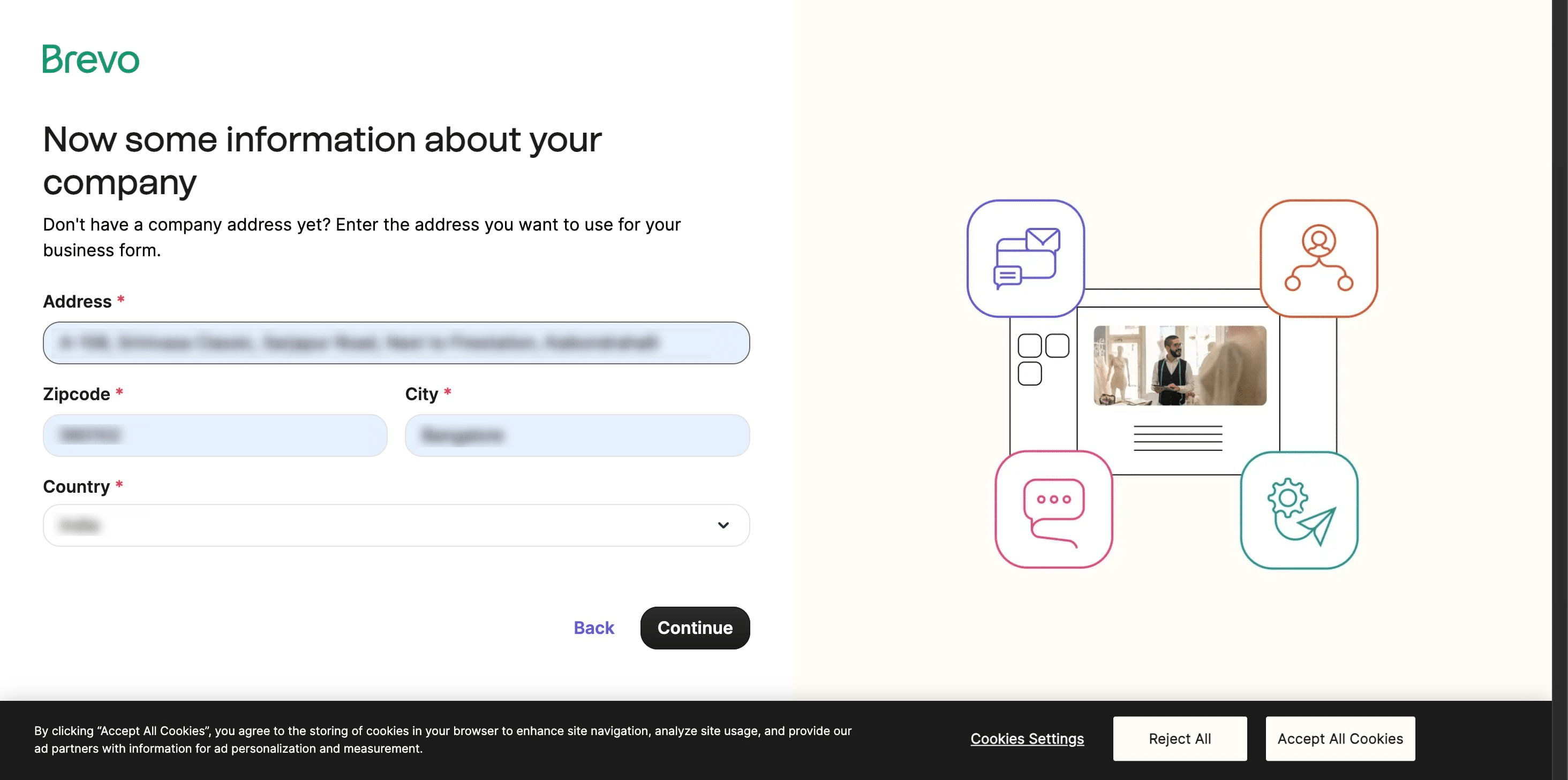 Please provide your **full address, including street, city, zip code,** and **country** and click on "**Continue**"