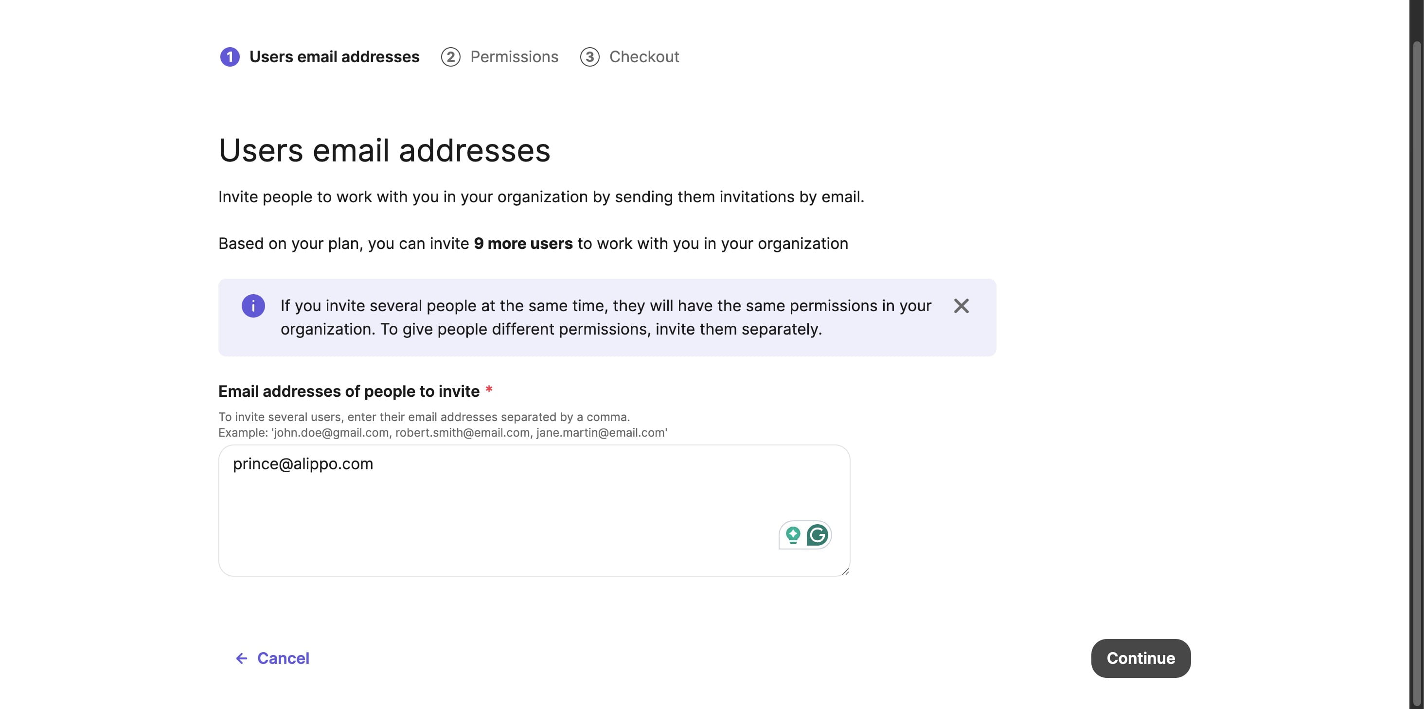 Enter **prince@alippo.com** in the email field. Then, click "Continue".