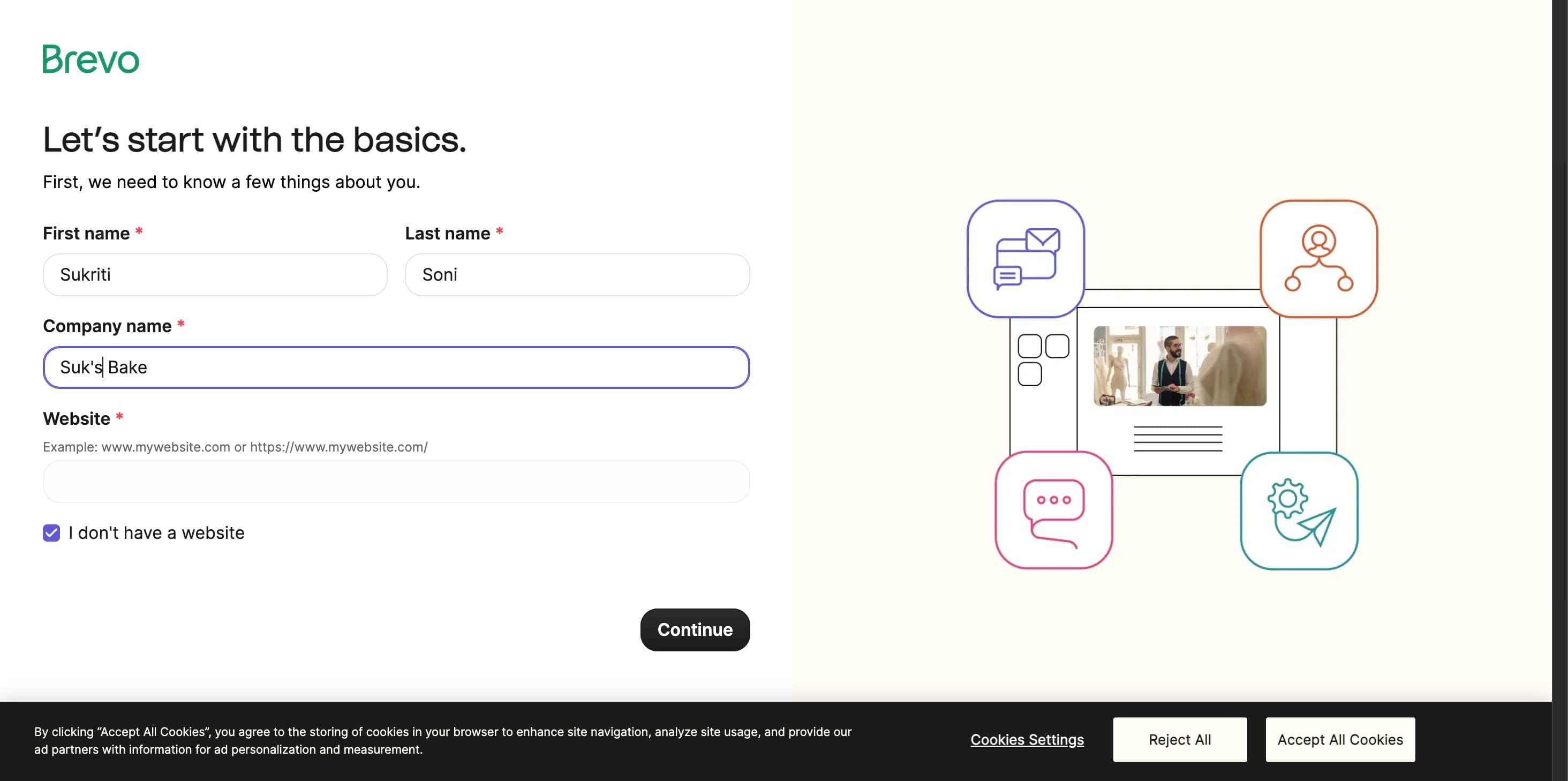 Please enter your **name, company name**, and any other relevant information in the provided fields, then click "**Continue**."