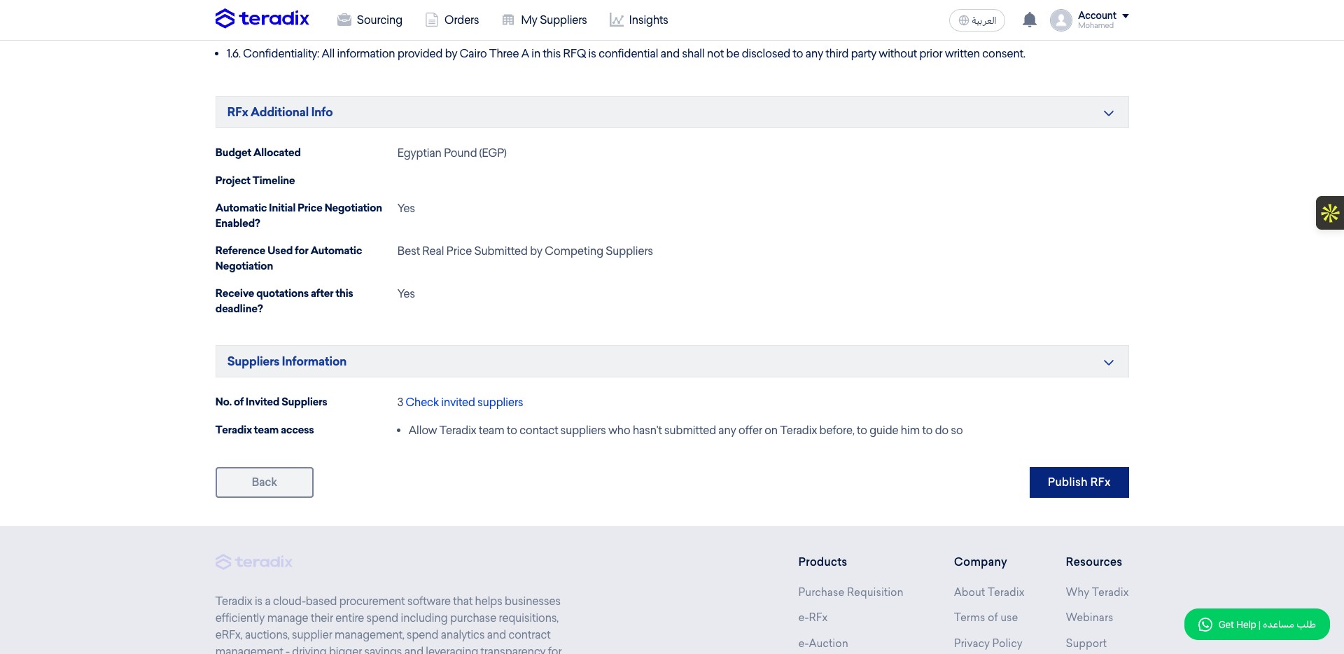 The last step, review all the information of the RFQ then Click on *"Publish RFx"*