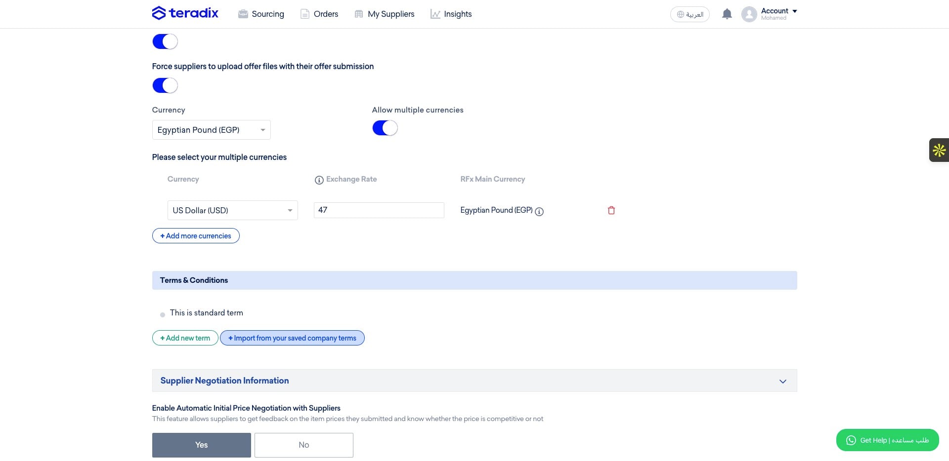 Or you can add them from a predefined terms from your company settings 