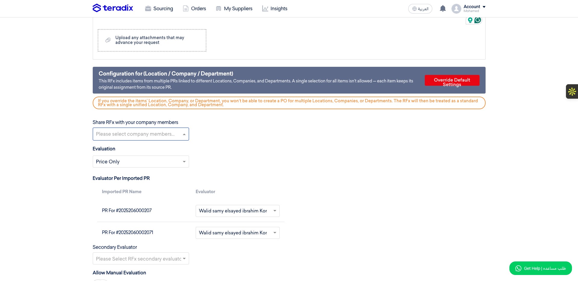 if you want to allow access to this RFQ to other users from your company, you can select them from this dropdown menu.
