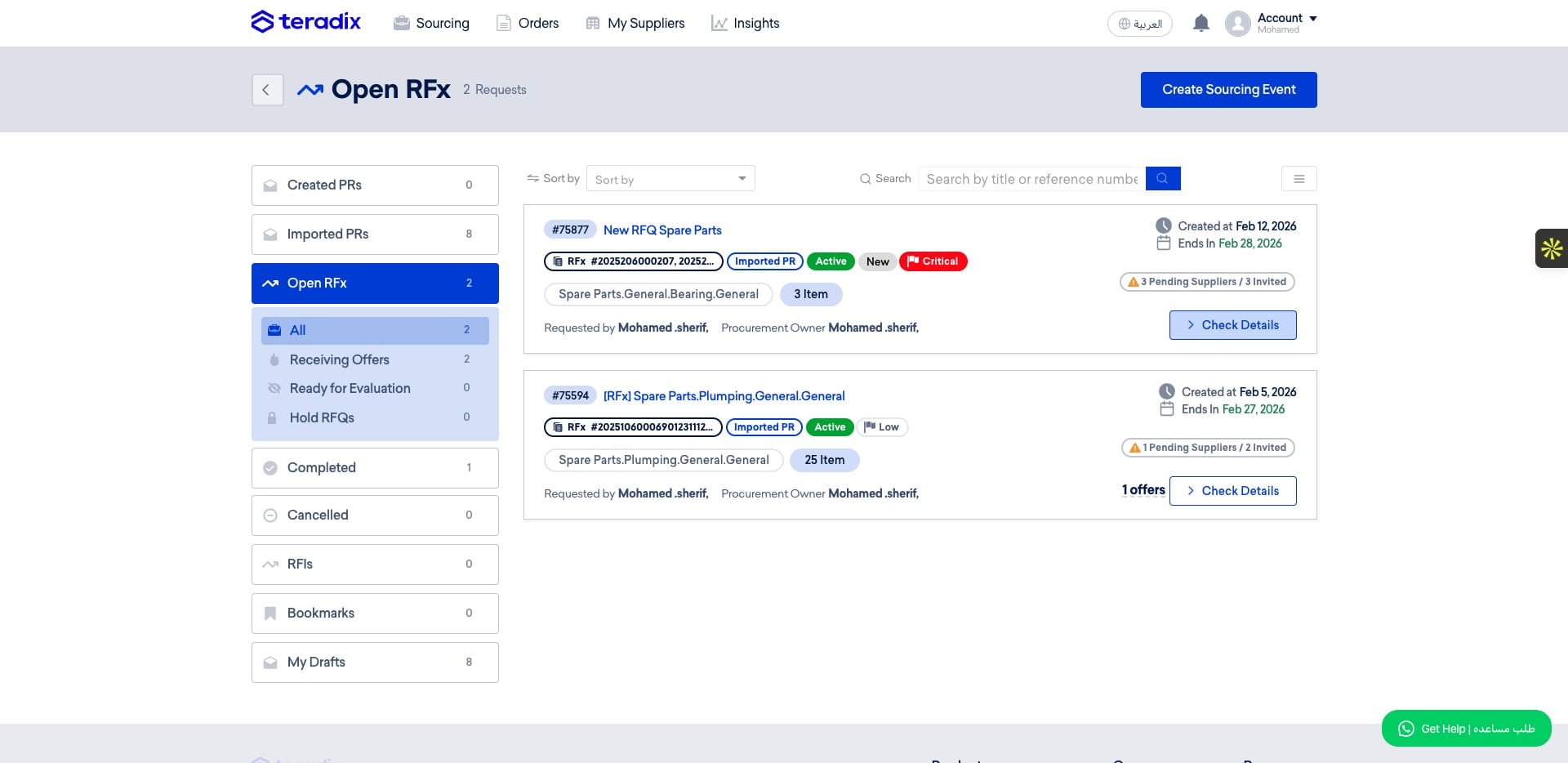 Select the RFQ, then click *"Check Details"*