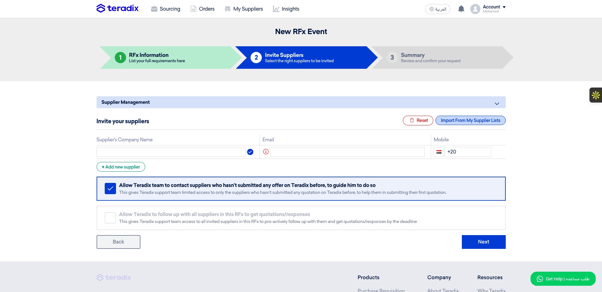 Here you can add the suppliers to this RFQ, Click on *"Import From My Supplier Lists"*