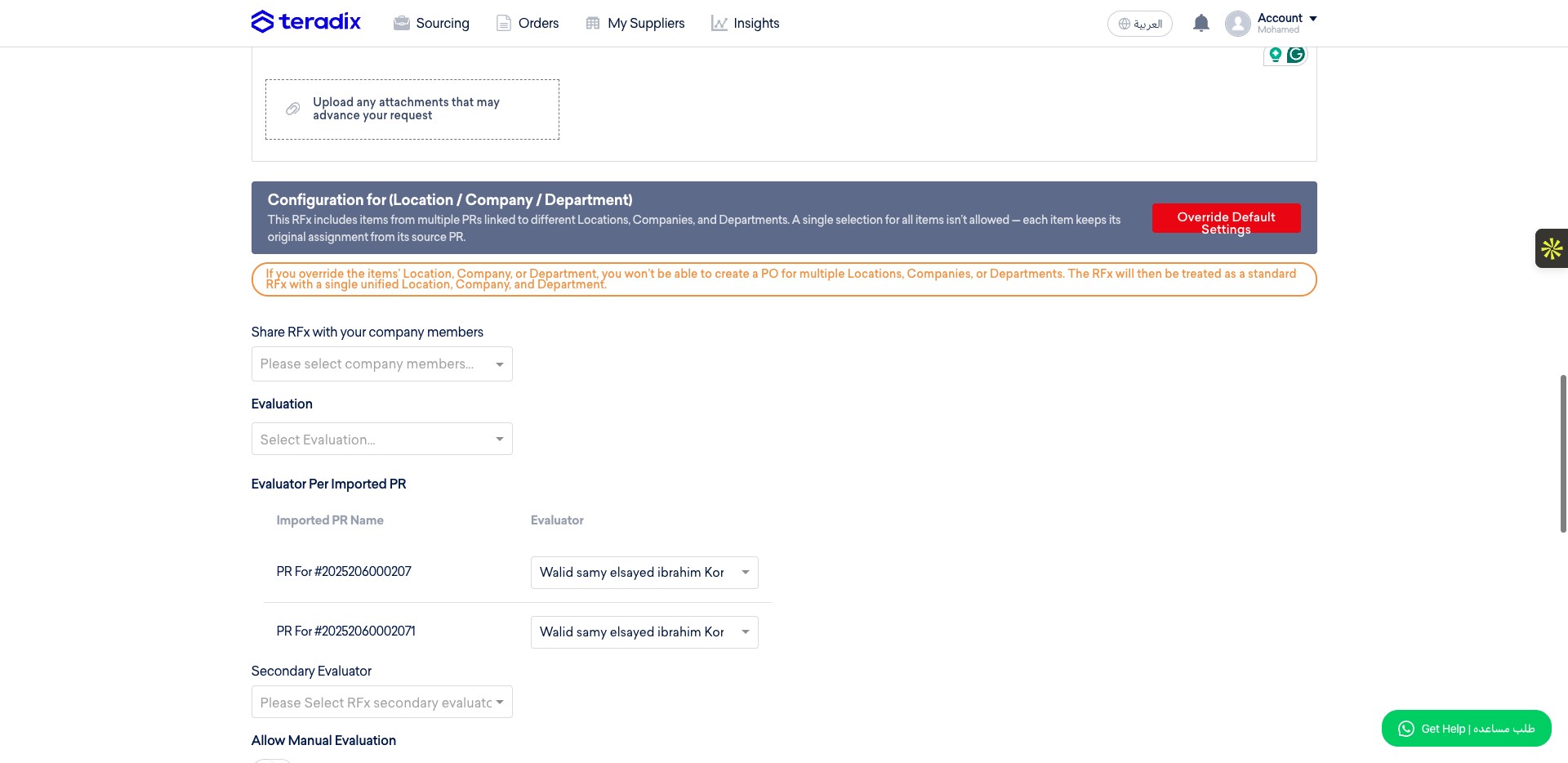 Here you can select which evaluation criteria will be used in this RFQ comparison report, all the criteria should have been configured in the account setup prior to this step.