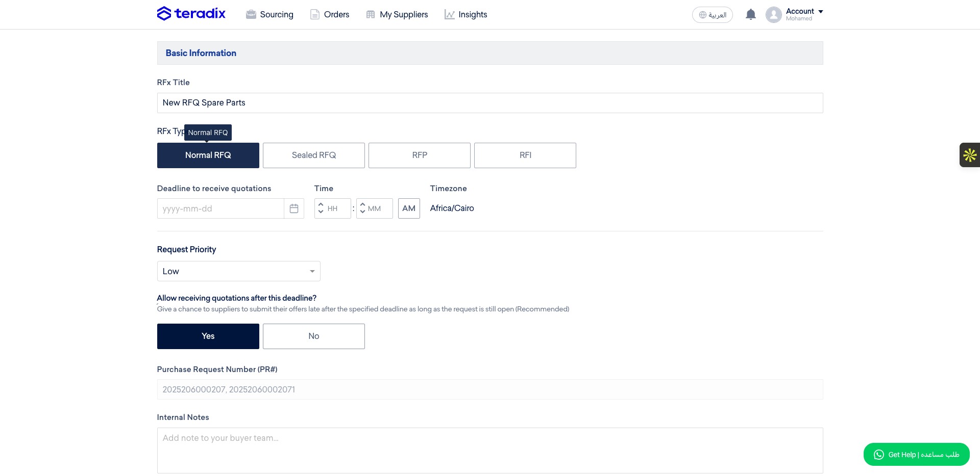 Select the RFx type (RFQ, Sealed RFQ, RFP, or RFI)