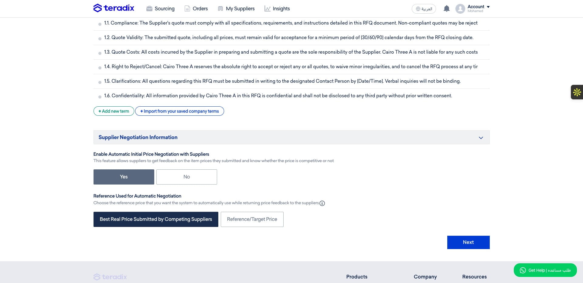 During the automatic negotiation, you can select the way the engine will use to determine the comparing price (either a taregt price per item which you can add in the items table earlier, or vs another competing supplier submitted offer)