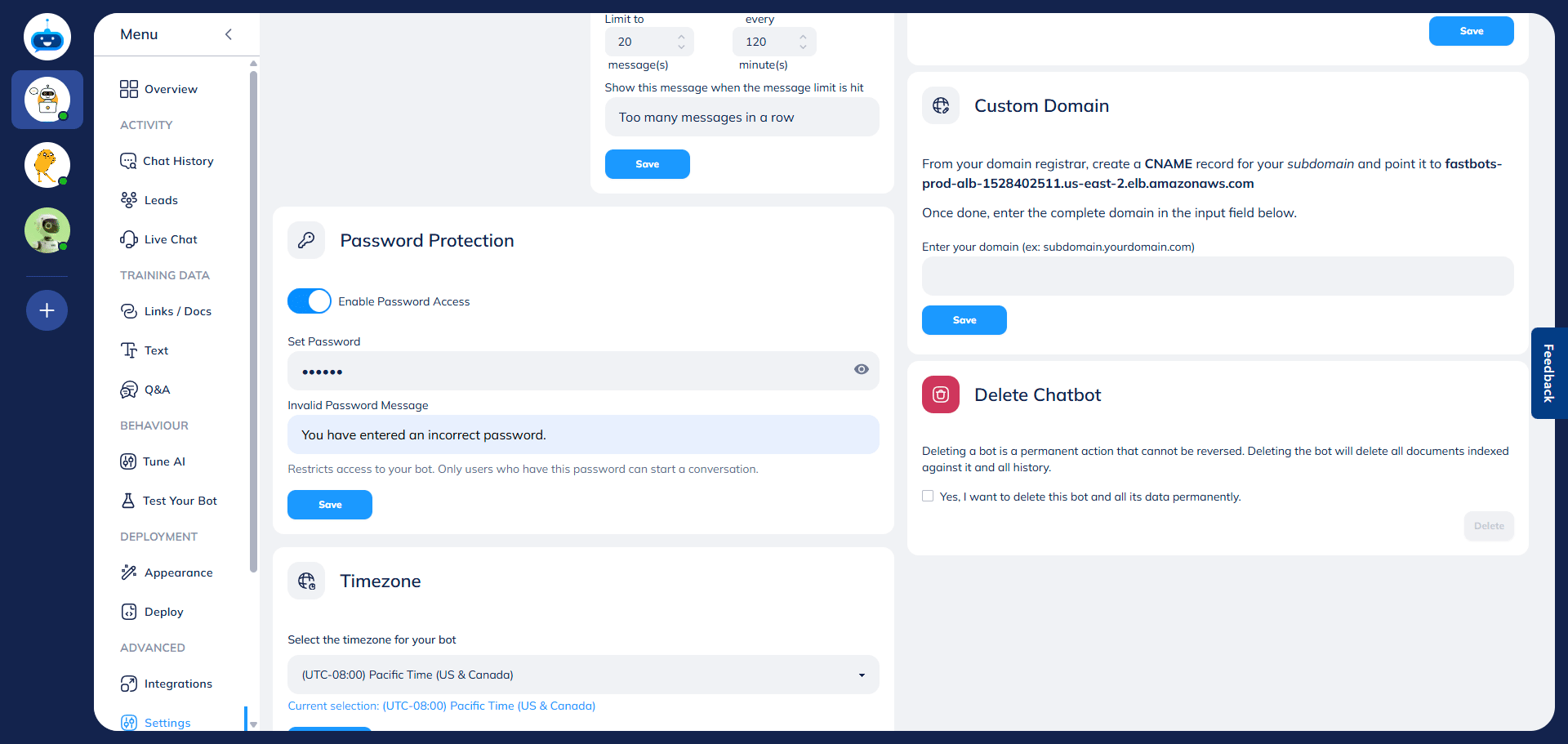 To test the chatbot's password, go to the Deploy page.