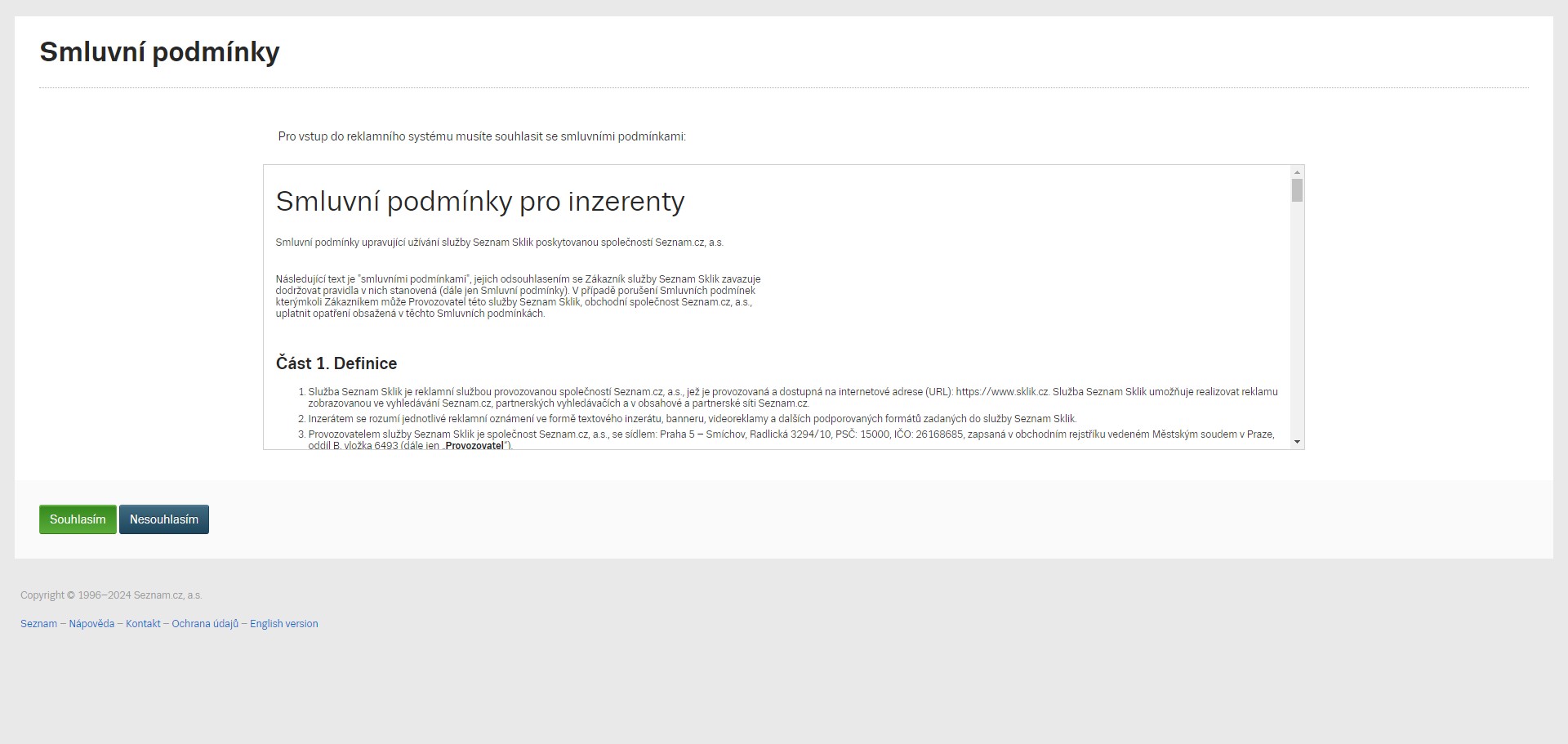 Confirm the Terms and conditions by clicking "Souhlasím"