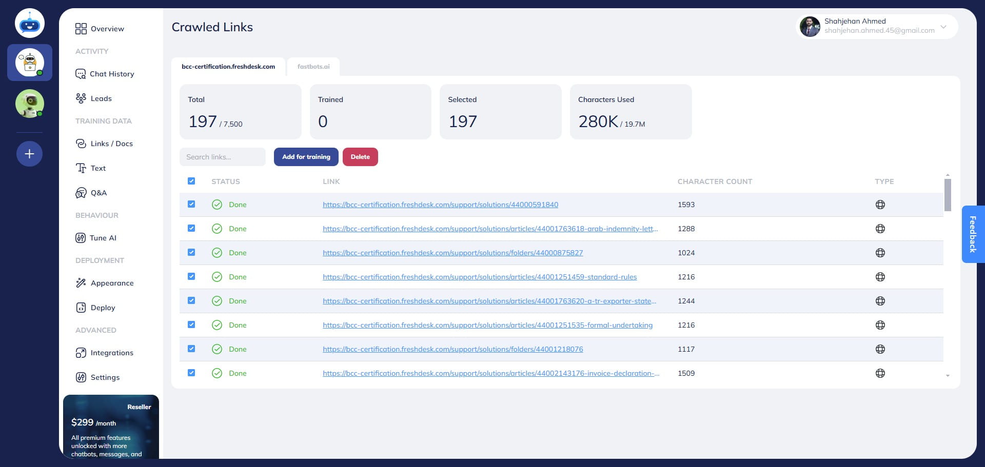 Once the chatbot has completed the crawling, select all the links by using the checkbox.