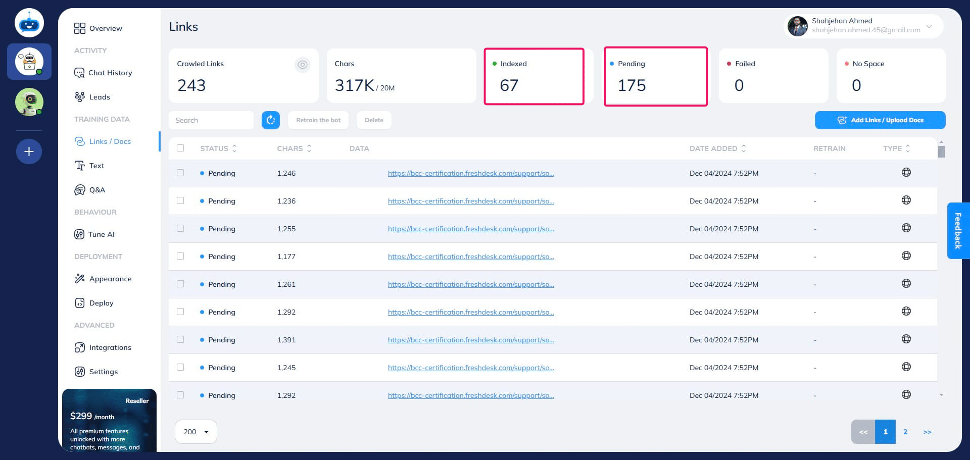 Here you can see the Status of new URLs added. At first, it will show "Pending" status. Once the URLs are successfully, added the status will change to "Indexed".