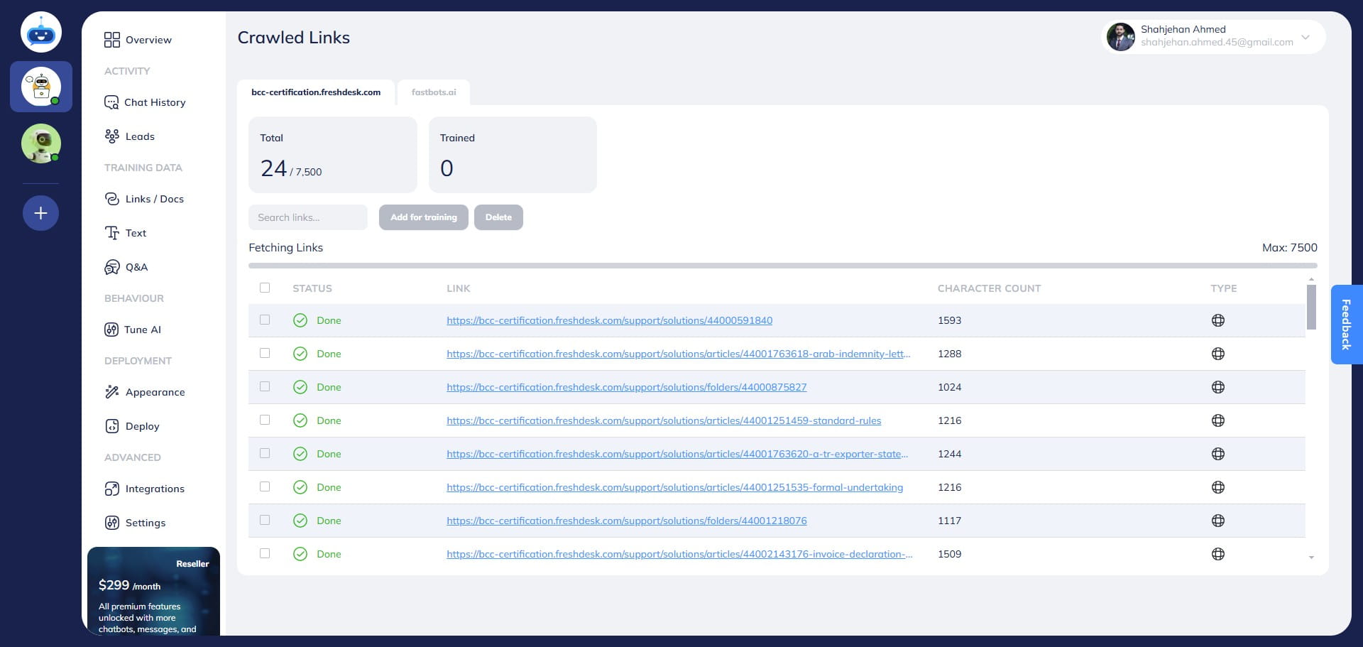 After you click on Start, the Fastbots crawler will scrape the provided Freshdesk link and list out all the URLs. You can see the total number of crawled links in the "Total" section.