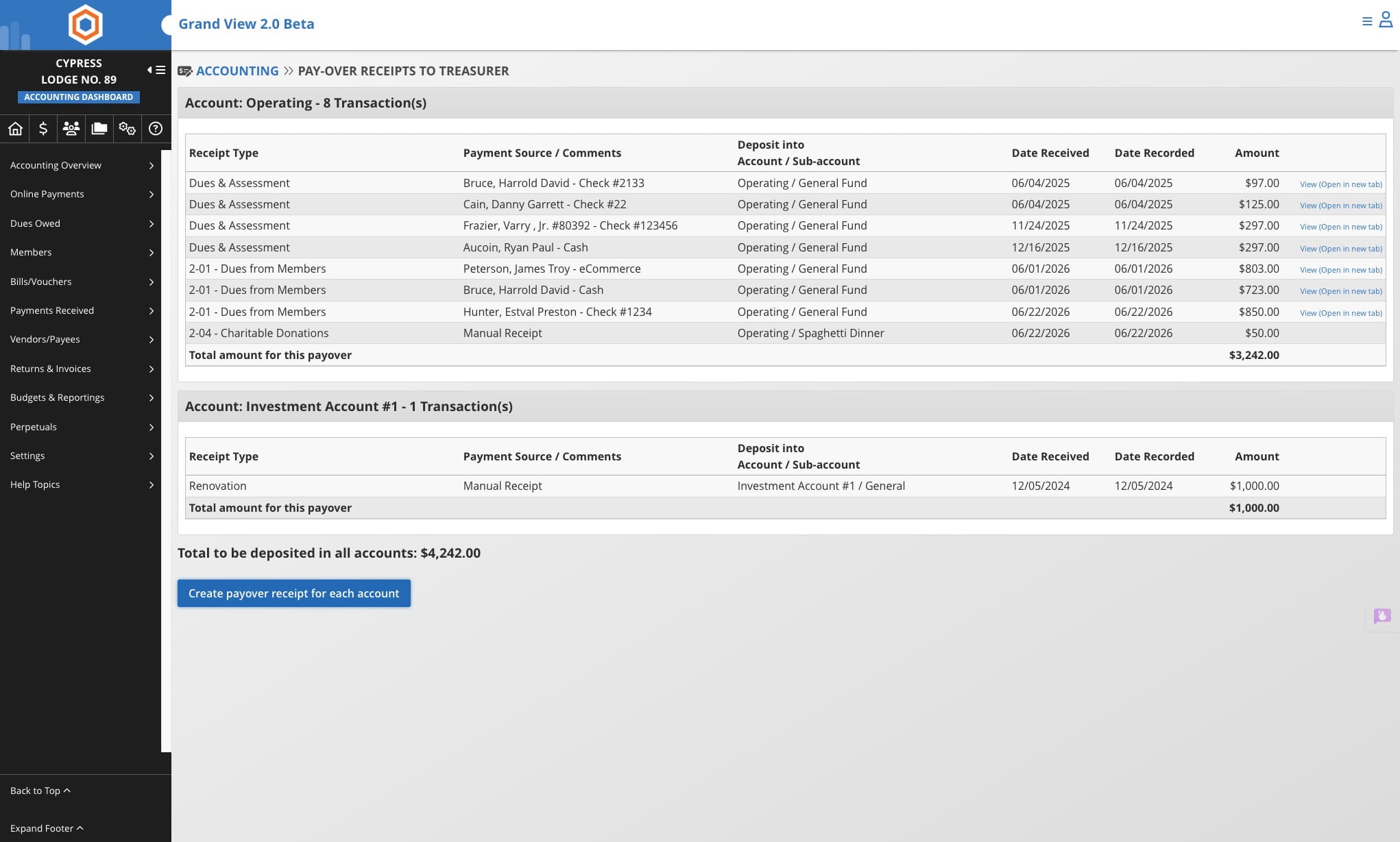 Once you have verified the transactions and amount to be paid over click the “Create Payover Receipt for Treasurer” button.