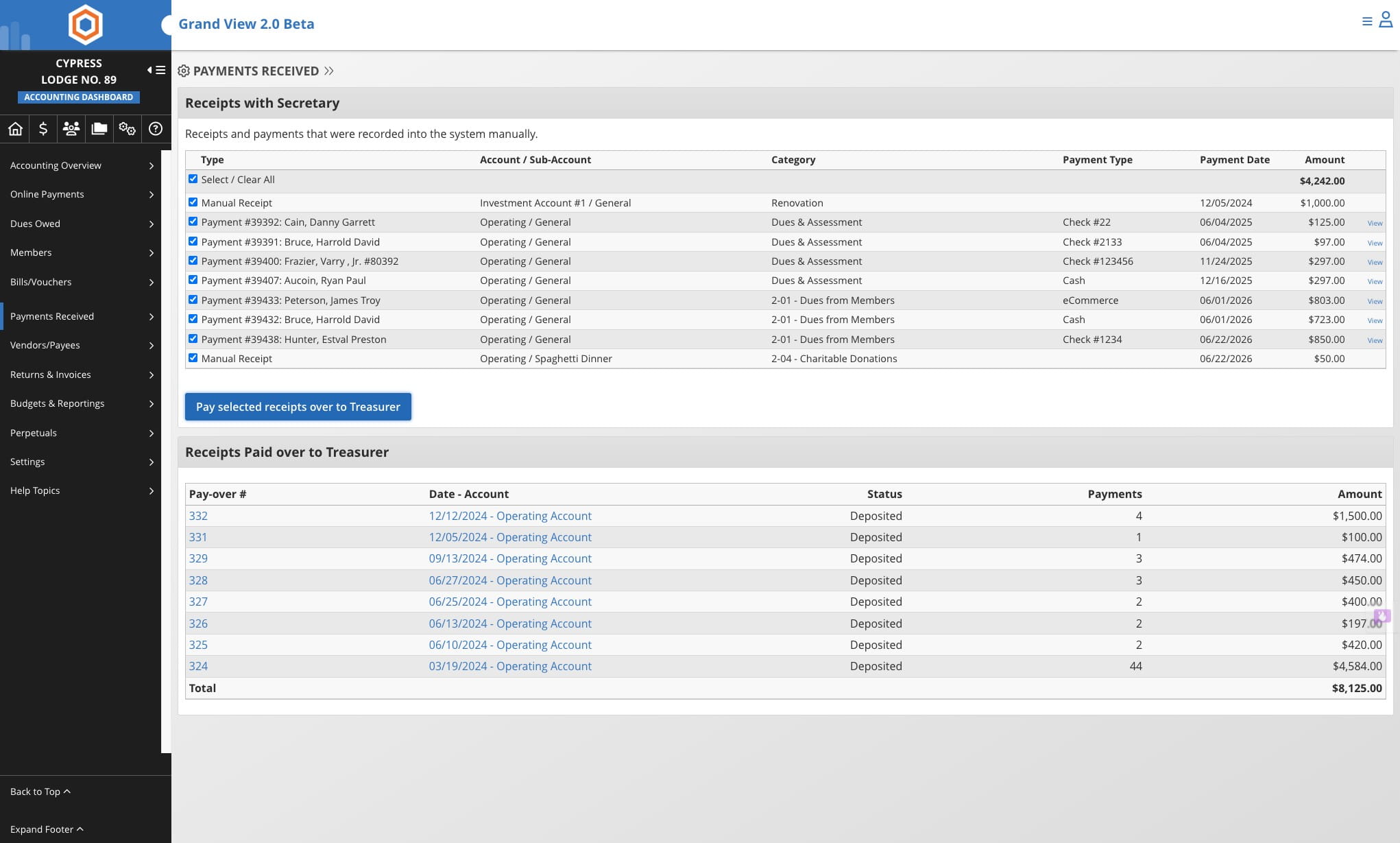 Click the “Pay Selected Payments over to Treasurer” button.  This will take you to a page where you can review the payments and total to be transferred.