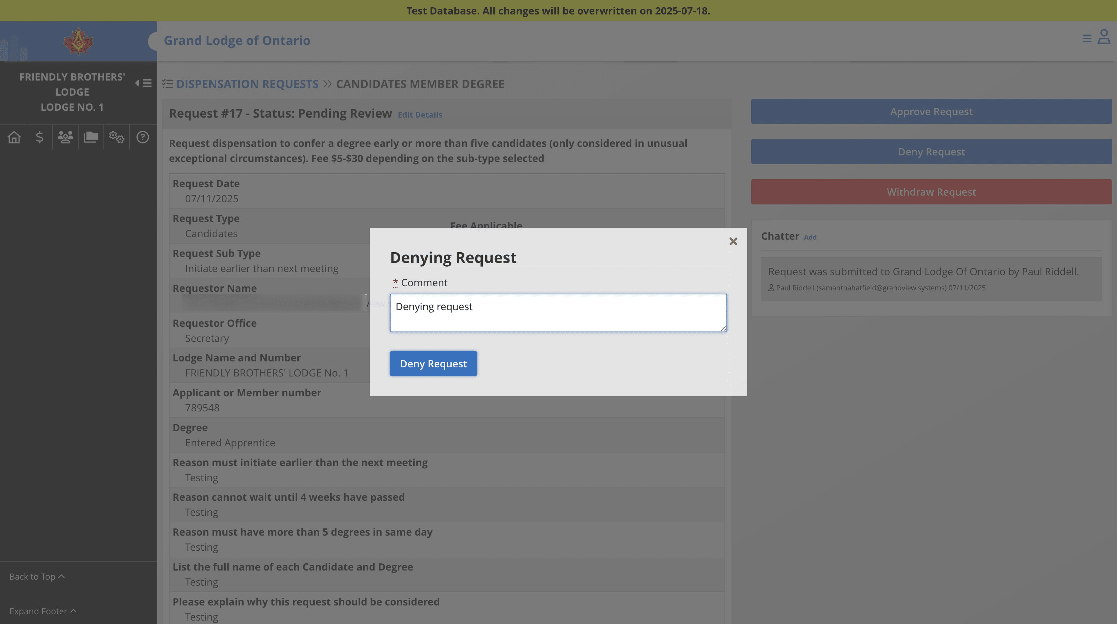 Enter a comment, then click "Deny Request"