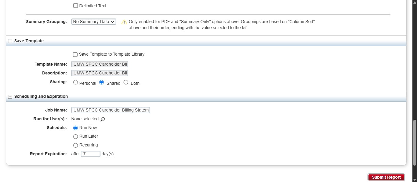 Then scroll down to the bottom to hit Submit Report. Once you click Submit, the report will run and will be available to download on the next screen once completed.