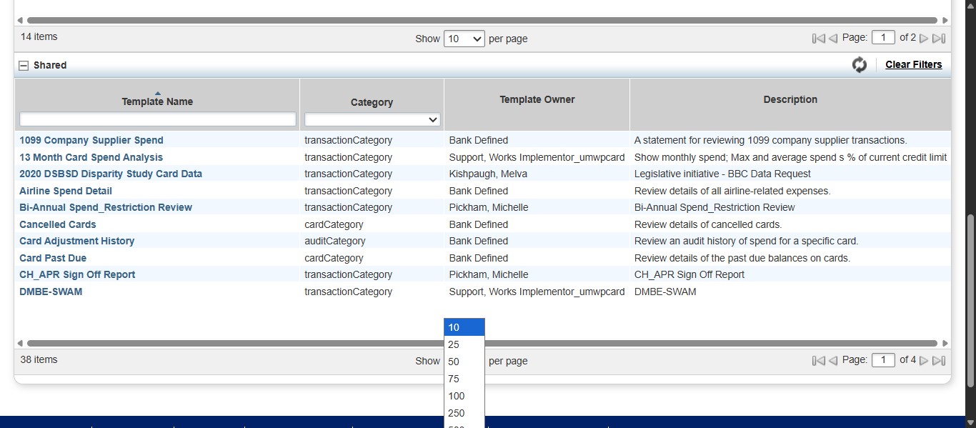 Scroll down to the Shared reports section and either navigate to the last page of the listed items or click to select more items per page to show all choices.