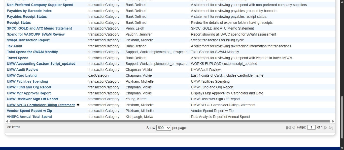 Select the drop down next to "UMW SPCC Cardholder Billing Statement."