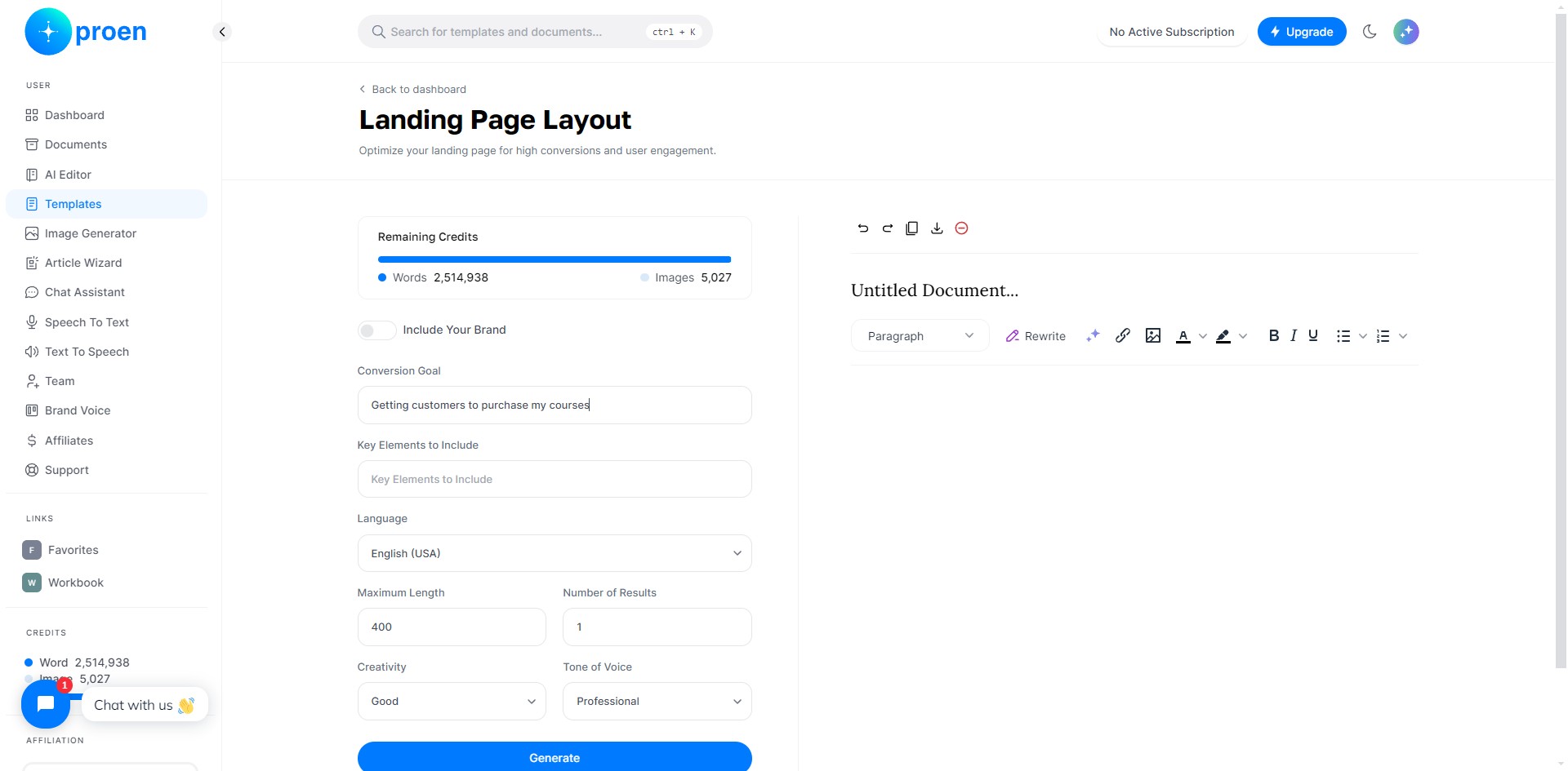 Enter the key elements to include in your landing page layout