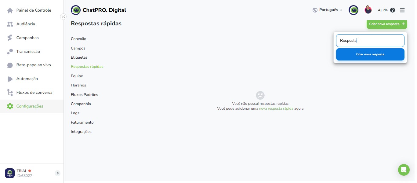 Click on "Criar nova resposta"